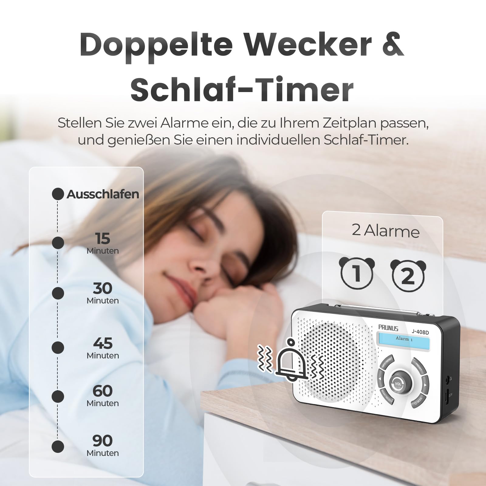 PRUNUS J-408 UKW DAB Radio mit Bluetooth 5.3, DAB Plus Radio Batteriebetrieben oder 2000mAh Akkubetrieb, Digital Radio mit 40-FM & 40-DAB Voreinstellungen, Kopfhörerbuchse/Dual Alarm/Sleep-Timer.