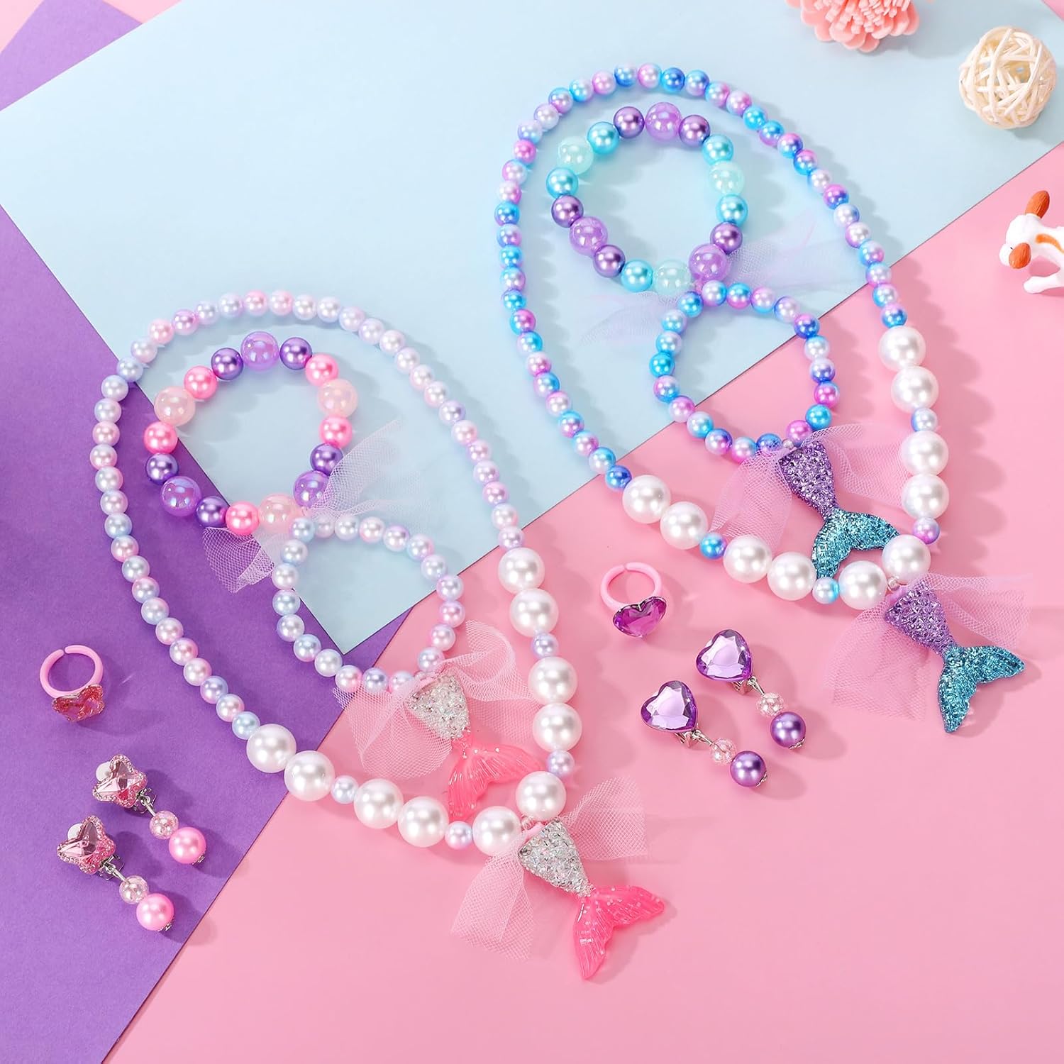 2 Sets Mermaid Jewelry Dress Up Set for Girls, Mermaid Necklace, Shell Bracelet, Ring & Earrings Pretend Princess Accessories for Kids Ages 3-8 Birthday, Halloween & Costume Party Gift - Image 3