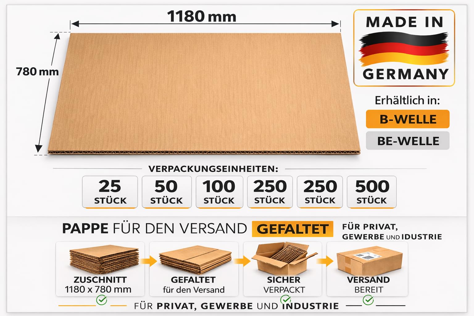 Paletten-Wellpapp Zuschnitt Karton Braun 1180 mm x 780 mm verschiedene Ausführungen (1-Wellig, 50 Stück)