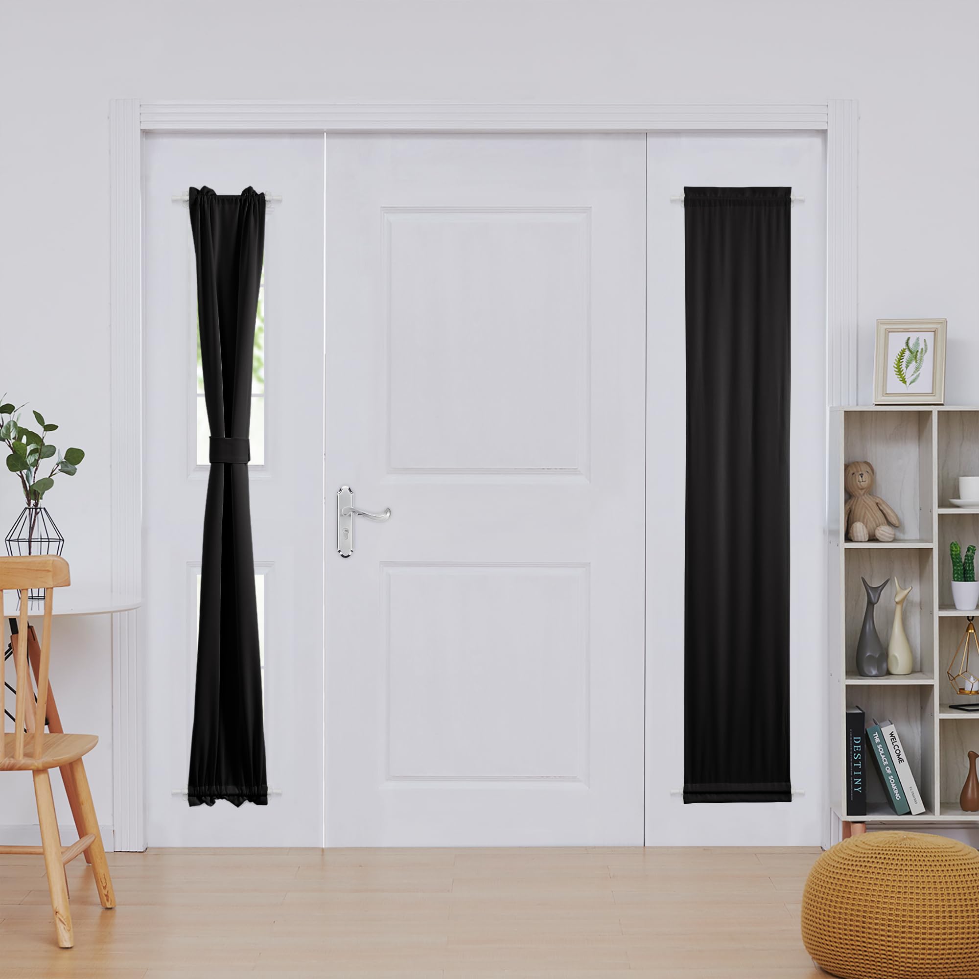 Deconovo Blackout Door Curtain – Thermal Insulated Privacy Curtain for French & Front Doors with Adjustable Tieback, Room Darkening, Energy Saving, Noise Reducing,Black,W12 x L72,1 PanelOEKO-TEX STANDARD 100