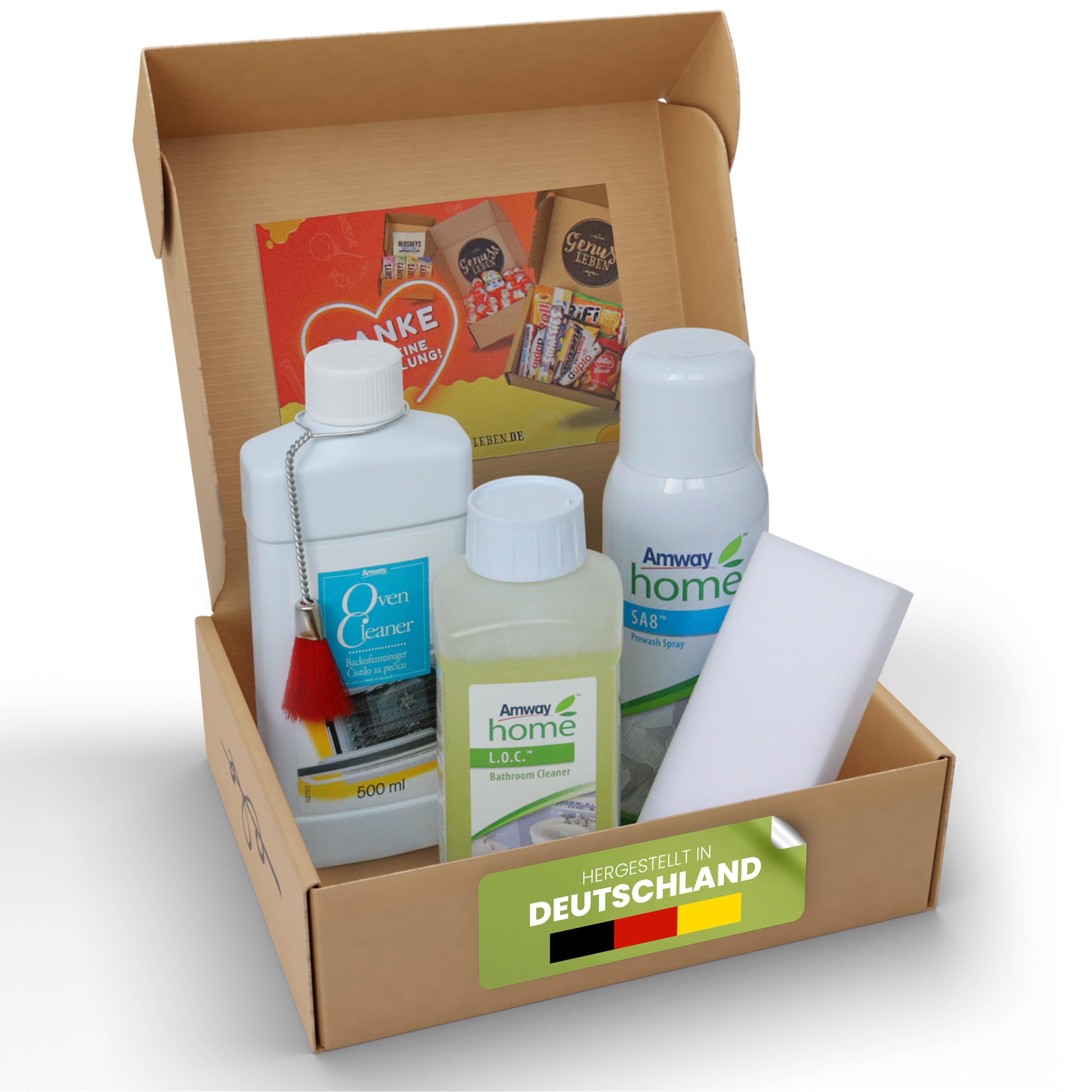 Genussleben Box mit Badreiniger 500ml, Backofenreiniger 500ml und Vorwaschspray 400ml