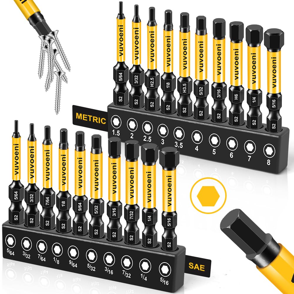 20PCS Impact Hex Head Allen Wrench Drill Bit Set (Metric & SAE), 2 in Long Allen Bits Magnetism, 1/4'' Hex-Shank S2 Steel for DIY Furniture Assembly & Car Repairs