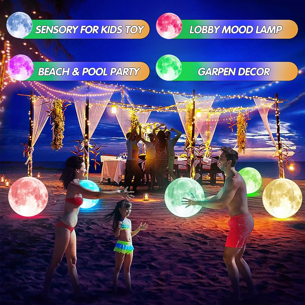 Joycabin 2 bolas de agua hinchables LED luminosas con luna, diámetro de 40 cm, iluminación flotante para piscina, impermeable, para playa, jardín, piscina, fiesta
