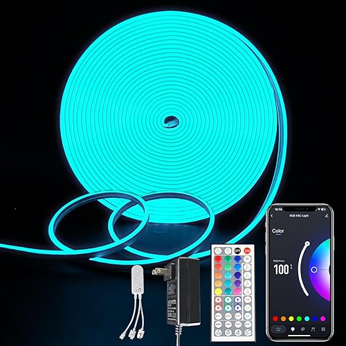 ROMANJOY - Tira de luces LED de neón flexibles de 50 pies, sincronización de música, luces LED RGB, control remoto con aplicación, compatible con