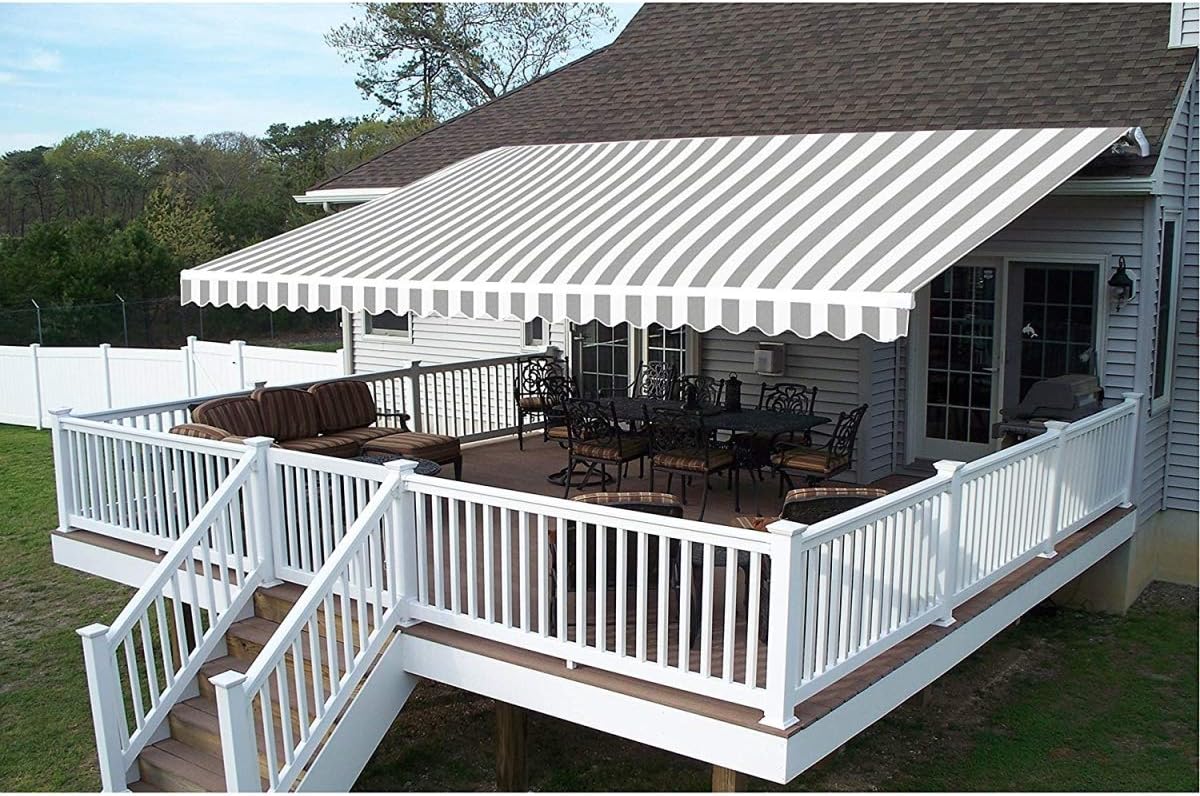 Buy Aleko Aw12x10greywht Retractable White Frame Patio Awning 12 X 10 Feet Gray And White Striped Online In Indonesia B073r3dqj3