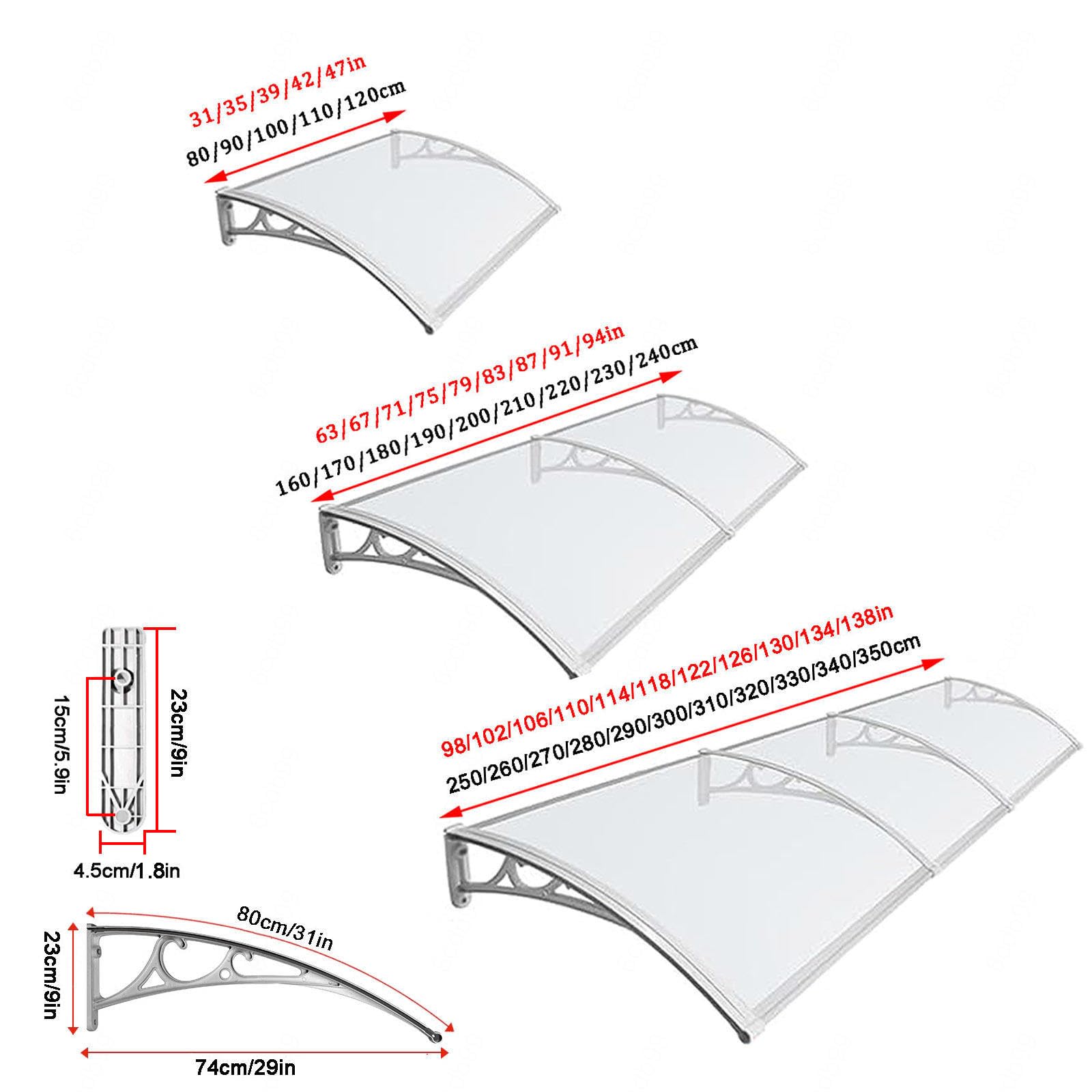 Wasserdichtes Einstiegstürvordach, 78,7 x 350,5 cm, Polycarbonat mit weißer Aluminiumstütze, Außenmarkise für Türen und Fenster, Regen- und Sonnenschutz