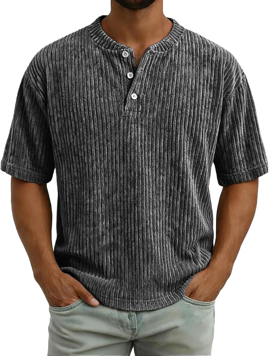 Mens Henley Shirts Short Sleeve Classic T Shirts Plaid Button Ribbed Knit Summer Tee Tops Loose Fit Basic Shirt