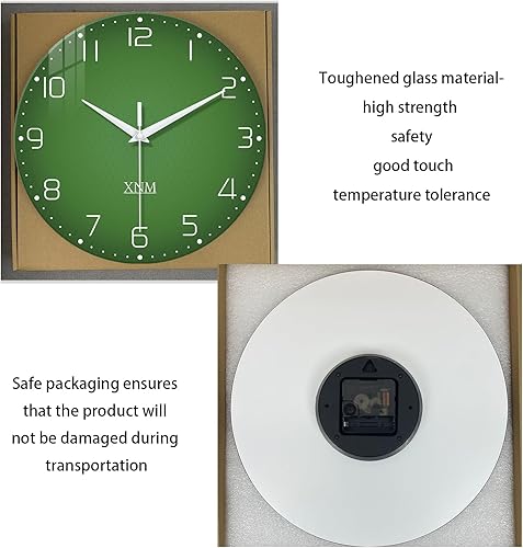 Miniatura 7 de XNM Reloj de pared verde minimalista de cristal con pilas, 12 pulgadas, redondo, pequeño, silencioso, sin tictac
