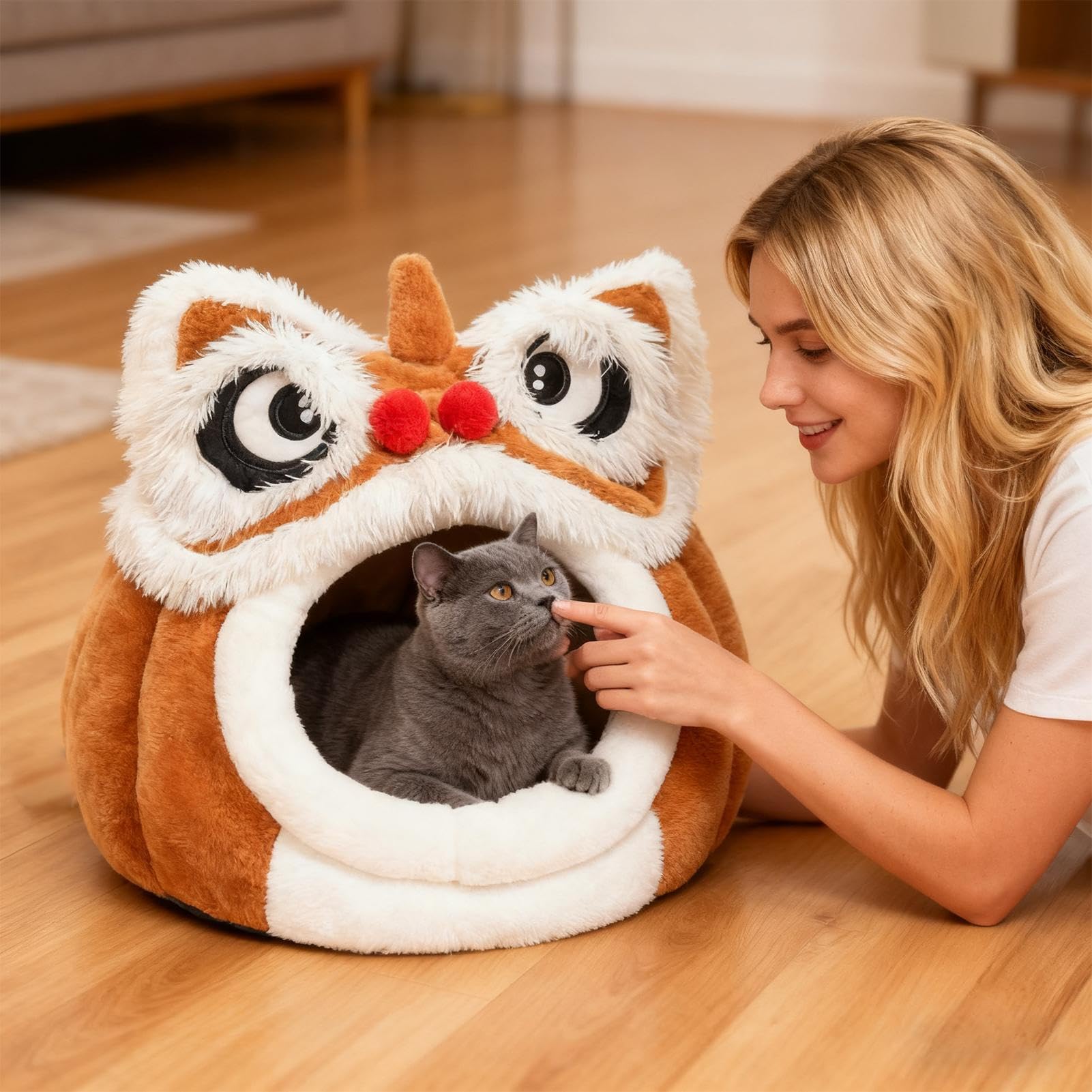 Cama Cueva para Gatos Suave Y Cómodo Con Forma De León | De Gato Para Interior para Dormir en Exteriores Fuera de Casa Viaje Dormitorio Balcón