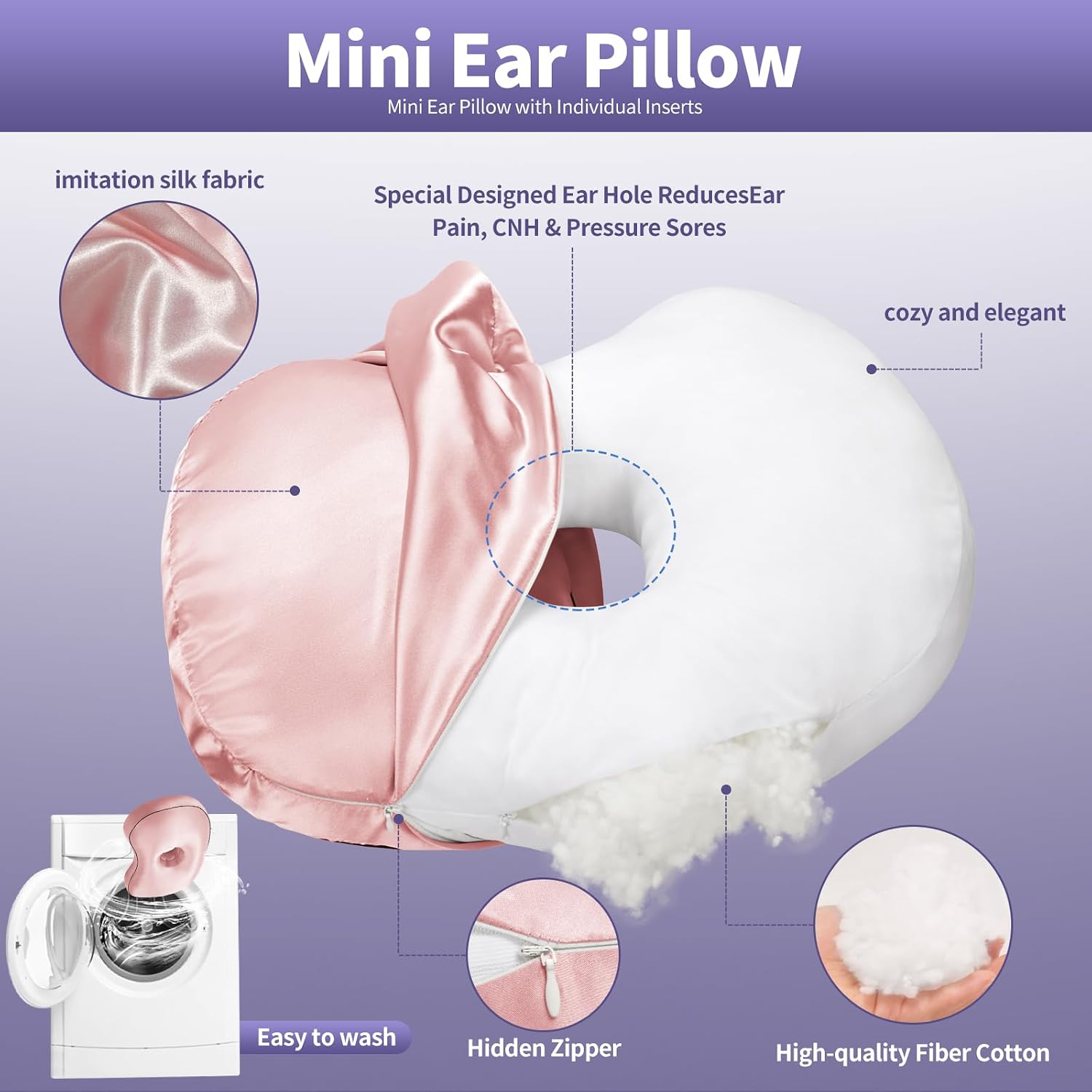 Piercing Pillow for Side Sleepers, 4" Hole, Pink Cooling Silk Cover | 11.8x17.3 in, removable & washable cover, CNH ear pain relief, dual-use knee rest