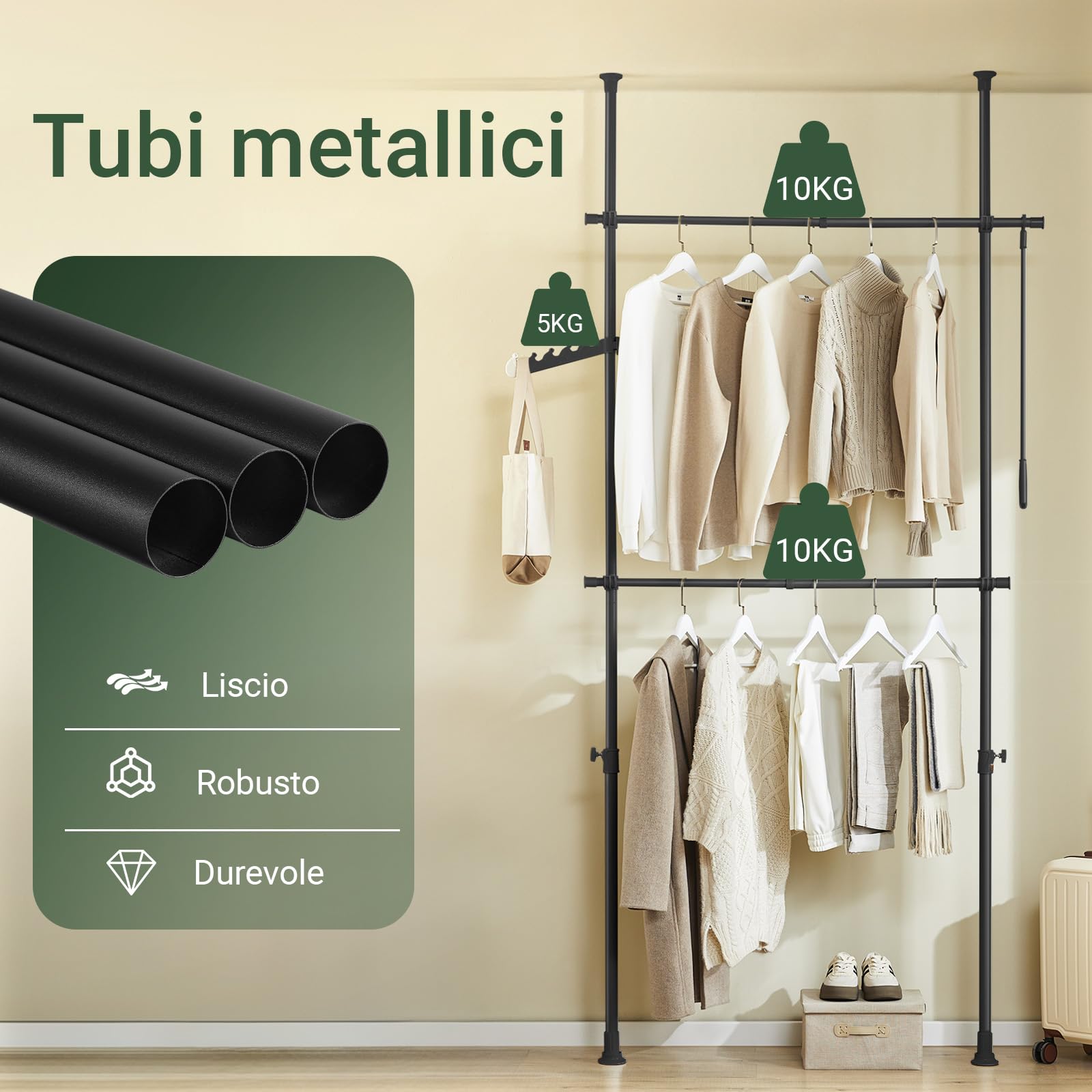 SoBuy Appendiabiti Telescopico, Stand Appendiabiti Robusto, Guardaroba Aperto Regolabile con Barre Appendiabiti per Camera da Letto, Cabina Armadio, Nero FRG109-II-SCH
