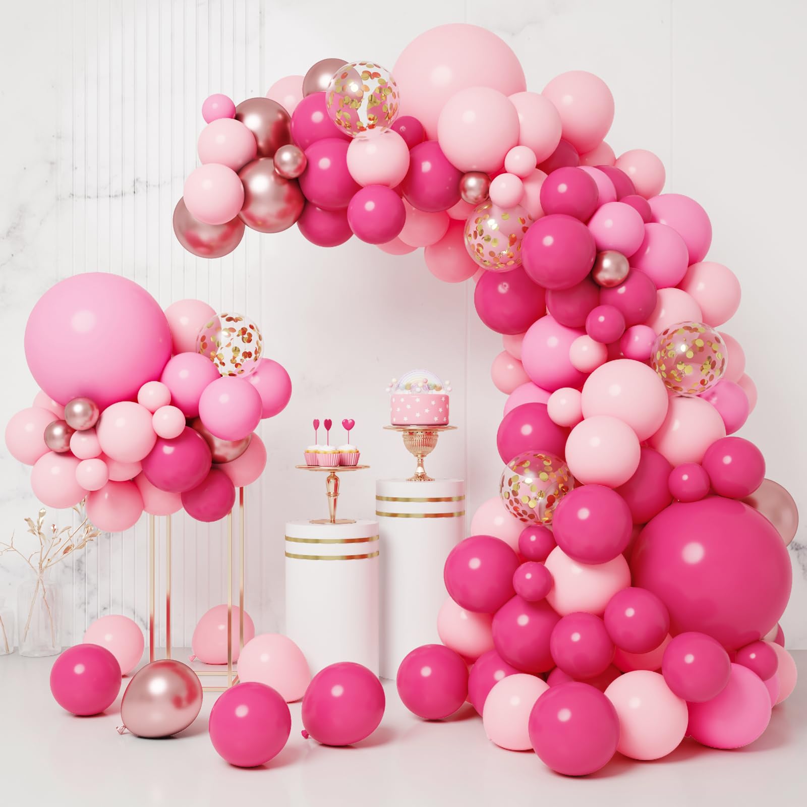 RUBFAC 158pcs Pink Balloons Arch Garland Kit, Hot Pink Rose Gold Metallic Balloons Confetti Latex Balloons for Birthday Wedding Bridal Shower Princess Theme Party Decorations