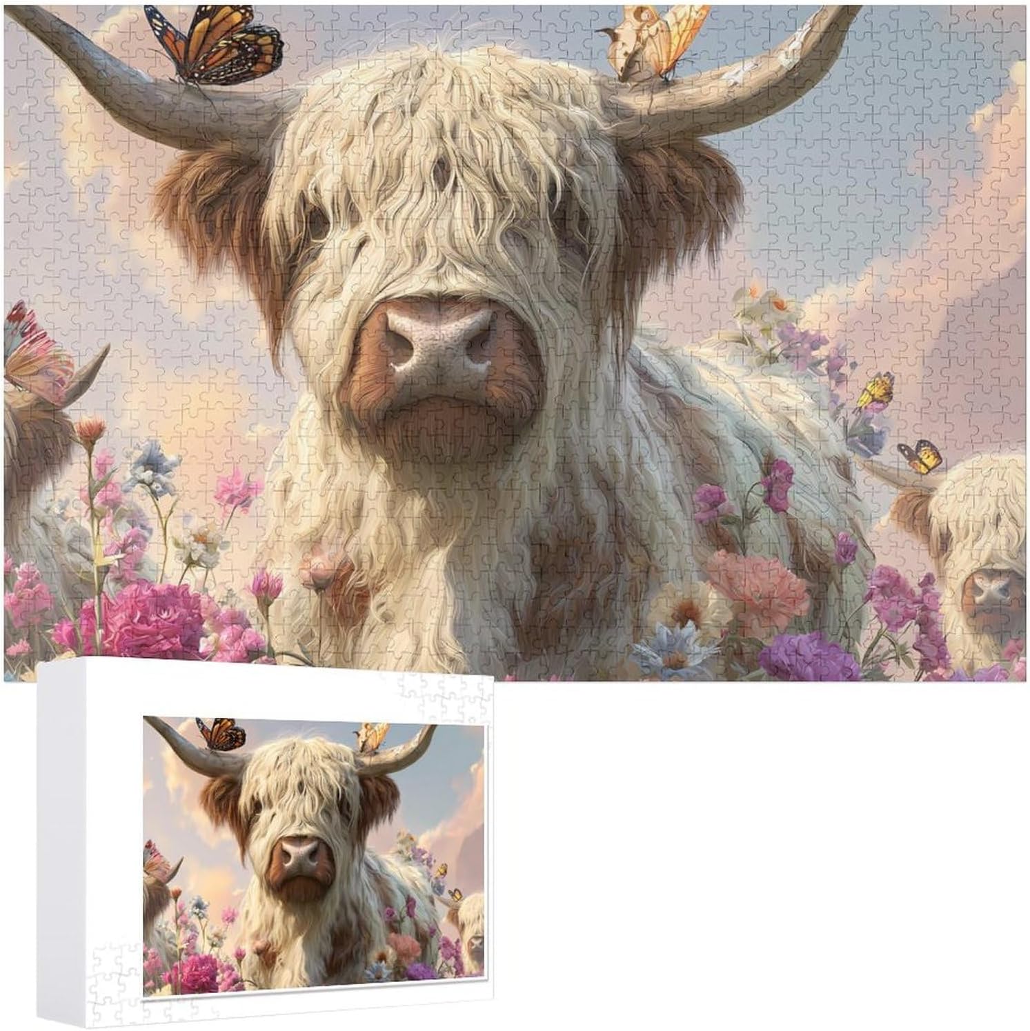 Highland Cow Butterfly Flowers Puzzles for Adults 1000 PCS Wooden Jigsaw Puzzle Wall Decor Christmas