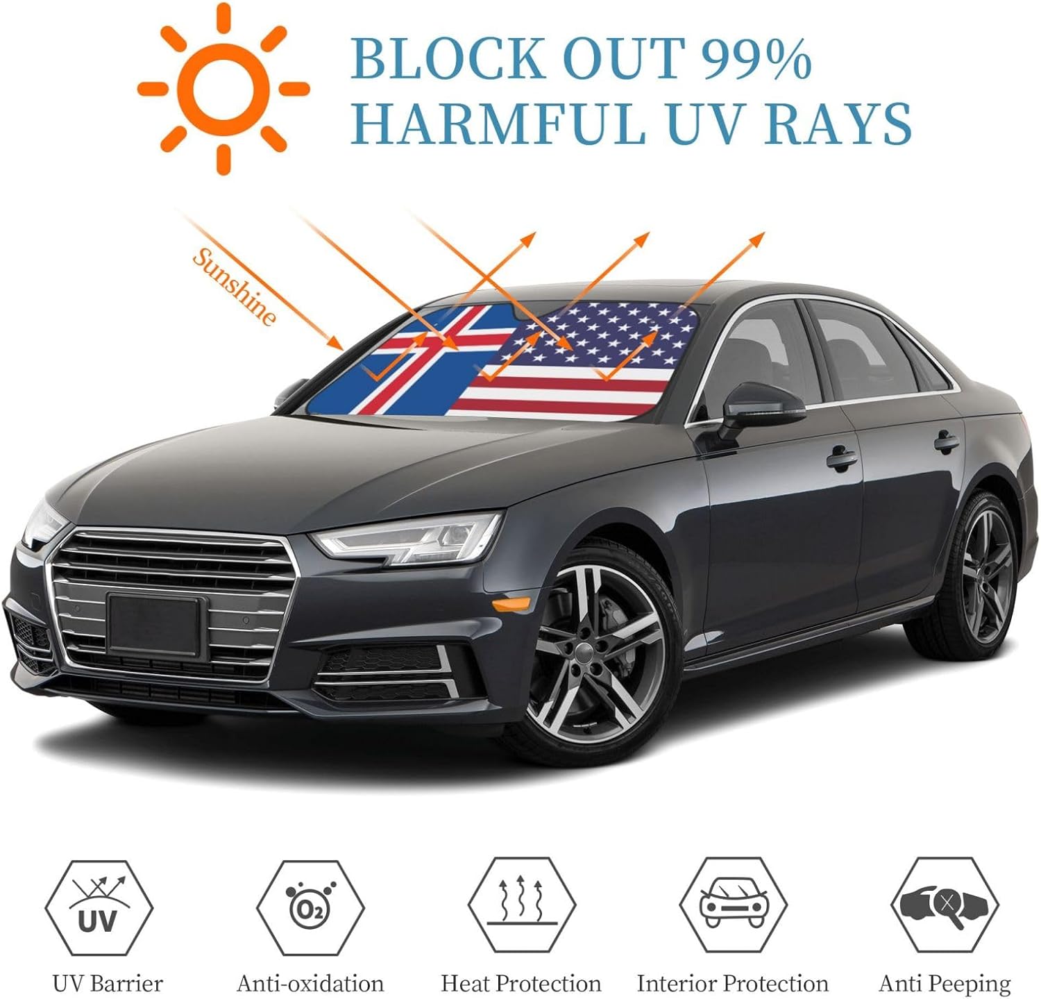 America Iceland Friendship Flag Foldable Car Windshield Sunshade Blocks Heat and Sun Glare Uv Rays