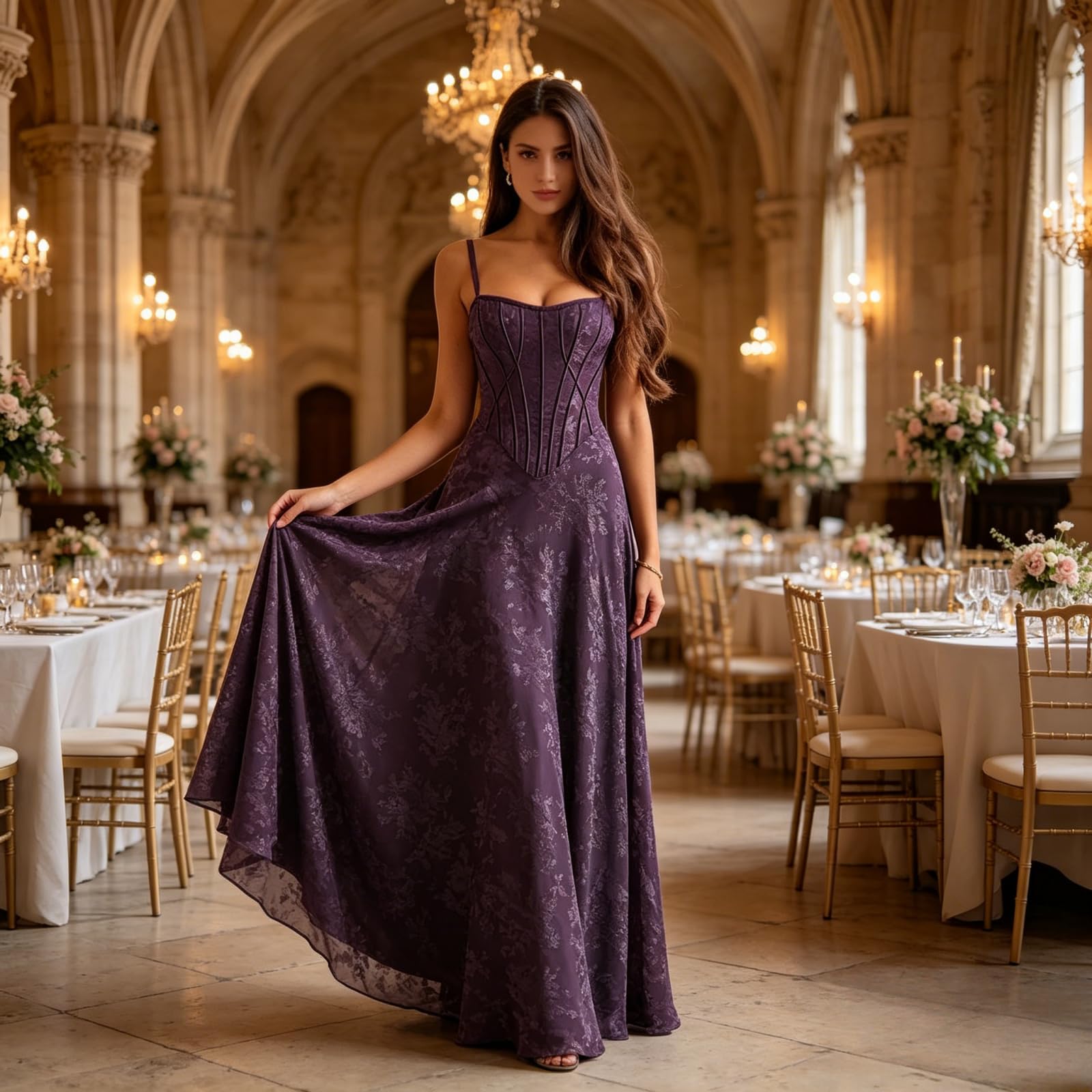 Vestido de dama de honor con tirantes delgados para mujer, con encaje floral, cuello drapeado, largo, plisado, formal, vestido de noche de boda