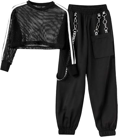 Kids Girls 2 Piece Tracksuit Hip Hop Street Dance Costume Shirt with Cargo Pants Outfits