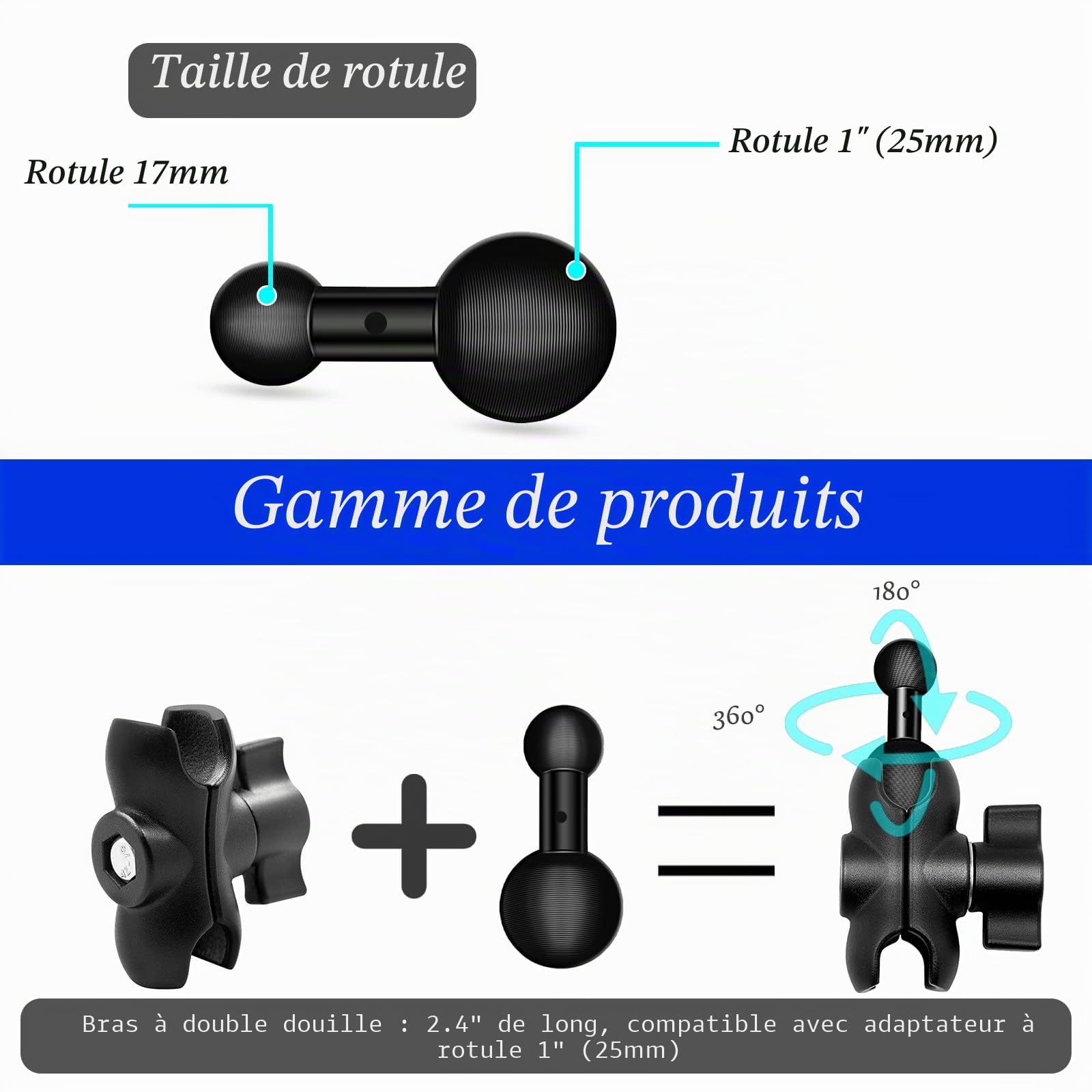 Adaptateur Double Boule Moto 25mm à 25mm - Compatible RAM Mounts Pour GPS Et Accessoires
