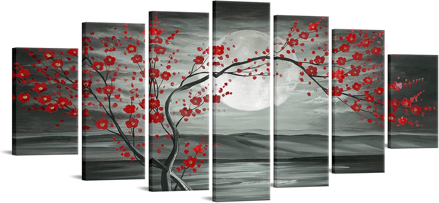 iKNOW FOTO 7 Multi Panel Canvas Wall Art Red Plum Blooming Tree with Full Moon Landscape Painting Artwork Flower Blossom Picture Prints on Canvas Office Living Room Home Decor