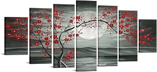 iKNOW FOTO 7 Multi Panel Canvas Wall Art Red Plum Blooming Tree with Full Moon Landscape Painting Artwork Flower Blossom Picture Prints on Canvas Office Living Room Home Decor
