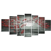 iKNOW FOTO 7 Multi Panel Canvas Wall Art Red Plum Blooming Tree with Full Moon Landscape Painting Artwork Flower Blossom Picture Prints on Canvas Office Living Room Home Decor