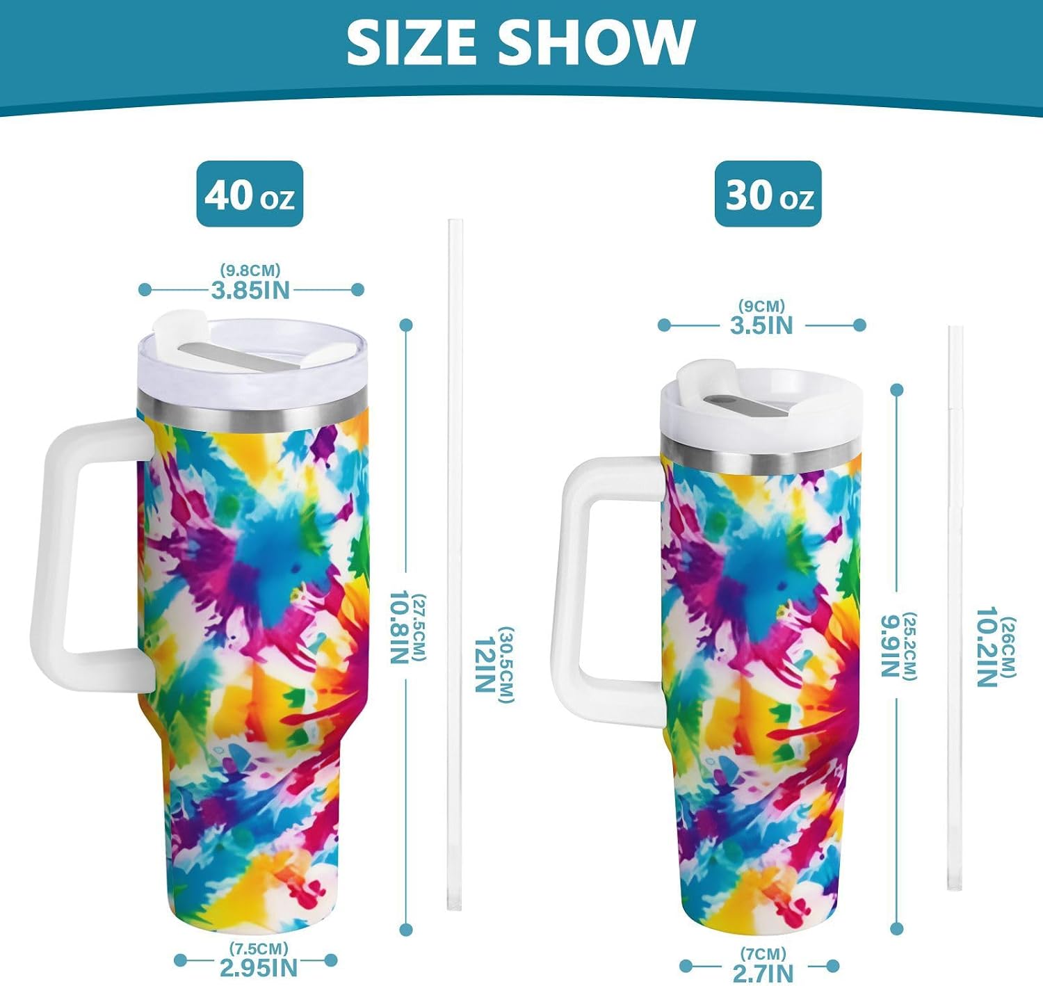 JIPONI 40 oz Tumbler with Handle & Straw, Rainbow Tie Dye Water Bottle, Stainless Steel Vacuum Insulated Travel Mug, BPA-Free, Travel Bottle fit in Car Cup Holder