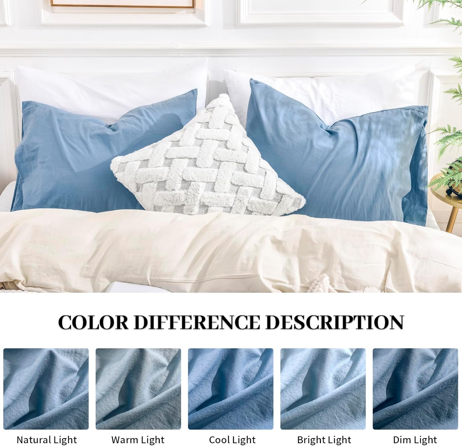 NEXHOME PRO 100% Organic Cotton King Pillowcases Set of 2, Envelope Closure Linen Feel Textured Natural, Soft and Durable, Premium Cooling Pillow Cases for Bed (20x36 inch, Blue) - Image 2