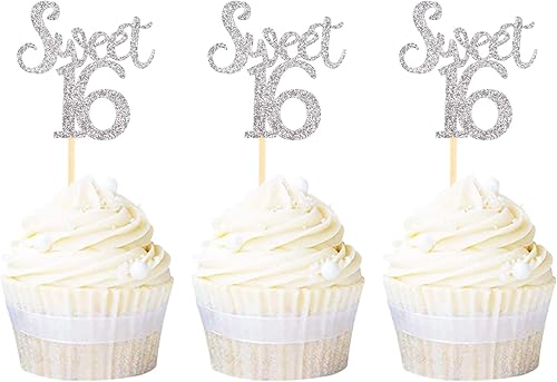 Ercadio Silver Sweet 16 adornos para magdalenas con purpurina de edad dieciséis para magdalenas de 16 años, suministros de decoración para tartas,