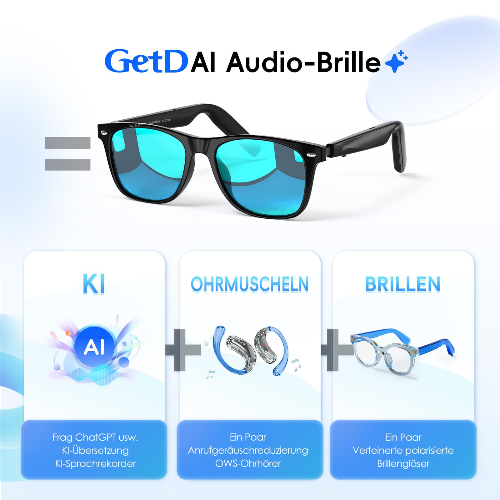 GetD Occhiali Intelligenti, Occhiali Audio Bluetooth Open-Ear con Altoparlante e Doppio Microfono, Occhiali da Sole Polarizzati TAC per Uomini e Donne, TR90 Telaio Nero (Lenti Blu)