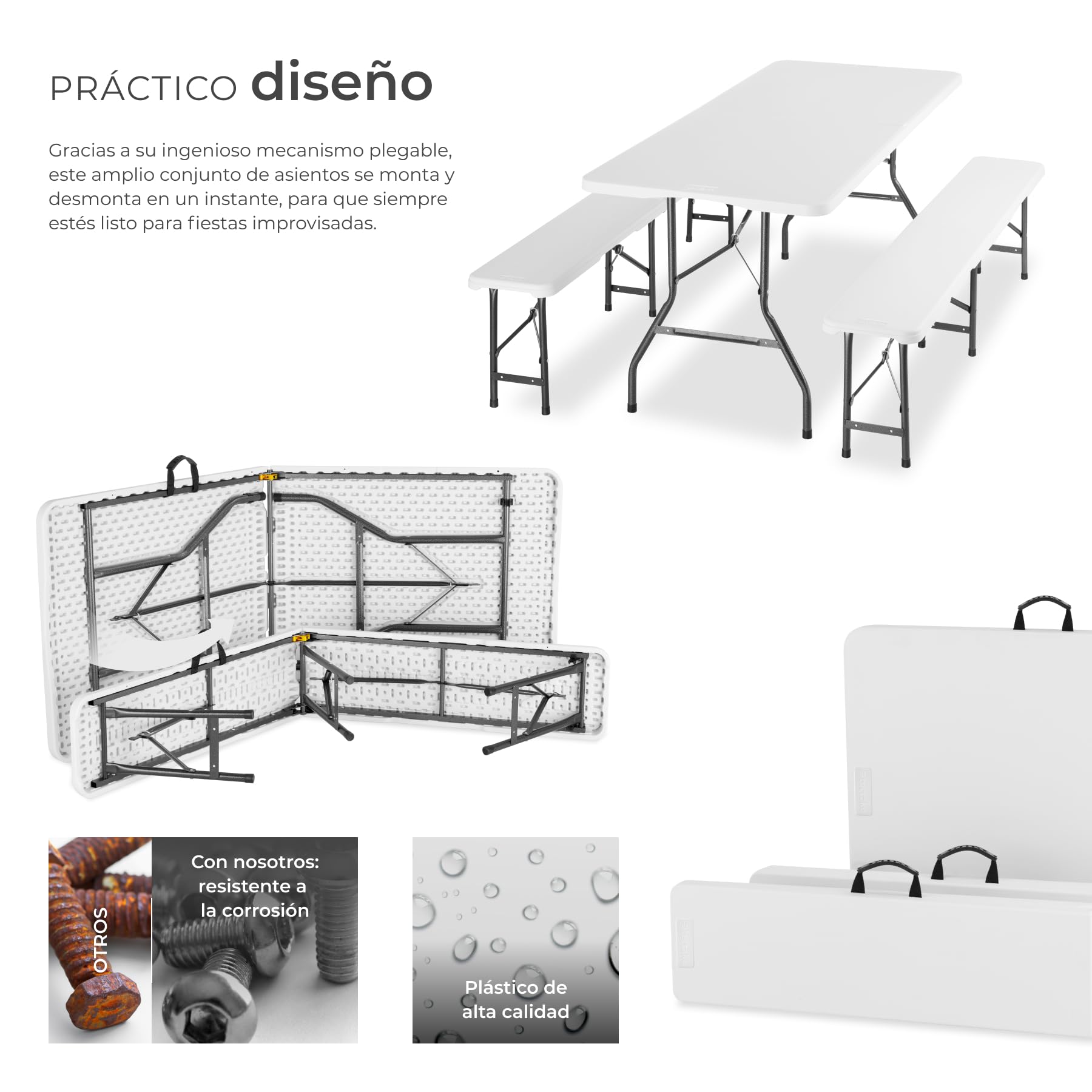 tectake® Conjunto Jardin Exterior con Mesa Plegable Camping 180 x 70 x 74 cm y 2 Banco Jardin Exterior 180 x 27,5 x 42 cm, hasta 8 Personas, Accesorios Camping, Mesa Auxiliar - Blanco