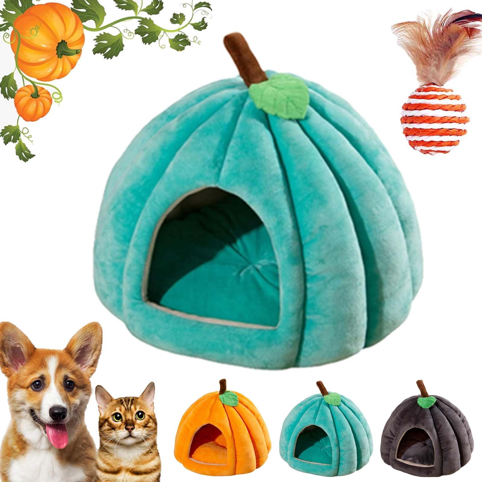 2026 New Pumpkin Cat Bed, Cute Pumpkin Shape Cat Cave, Convenient Plush Velvet Pumpkin Dog Plush Beds, Warm Cave Nest Sleeping Bed Puppy House (Lake Blue, L)