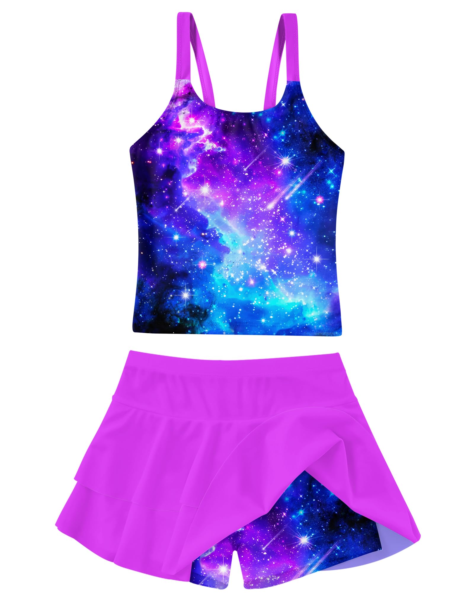 ALISISTER Girls Tankini Swimsuit Two Piece Bathing Suits with Shorts 7-12Y | Adjustable Straps, Two-layer Skirt, Summer Swimwear for Beach, Pool, and Water Party