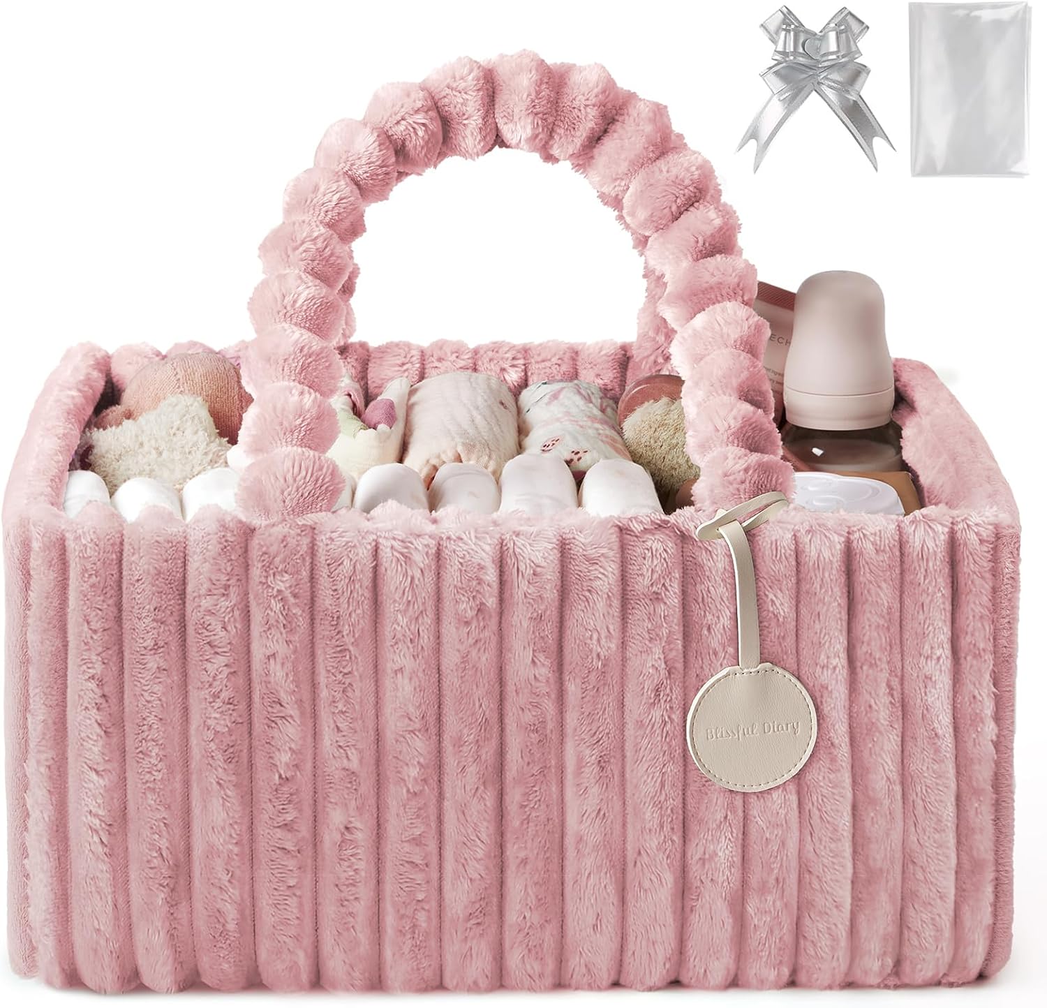 Blissful Diary Flannel Diaper Caddy Organizer, included Gift Packaging, Cozy Nursery Storage Basket, Gift for Baby Shower, Newborn Essentials, Plush Pink