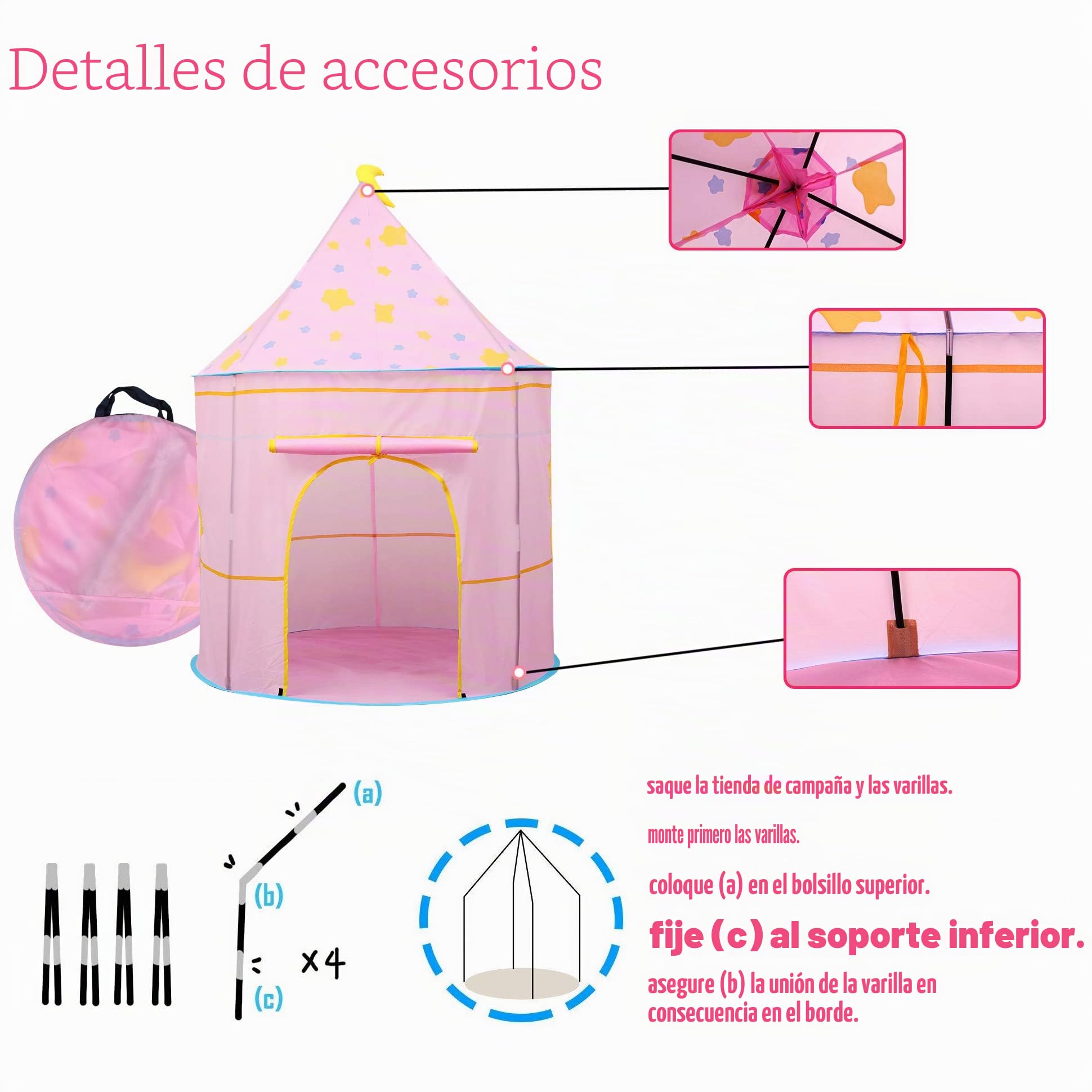 Carpa para niños,con Luces de Estrellas Castillo,Tienda para Niños, Playhouse Toy para Juegos de Interior y Exterior,Navidad & Cumpleaños Regalos para Niños Chico Niña (Rosa Luna)