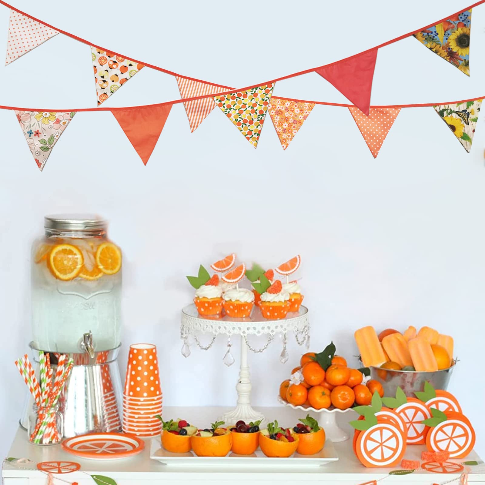 Zwiebeco Banderines de tela naranja de 32 pies, banderas triangulares, decoraciones de fiesta, guirnalda floral de algodón, banderín para otoño, Acción de Gracias, cosecha, cumpleaños, boda, aula