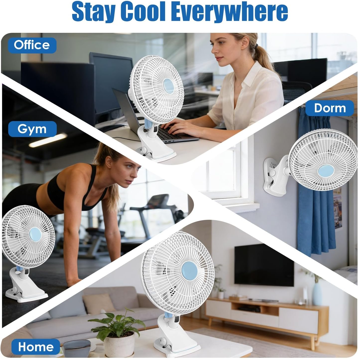 Clip On Fan with 2 Speeds, 90° Oscillating Small Fan for Bed Desk, Portable Clip Fan Plug in for Office Bedroom, Wall Hanging, Speeds Low Noise for Daily Use