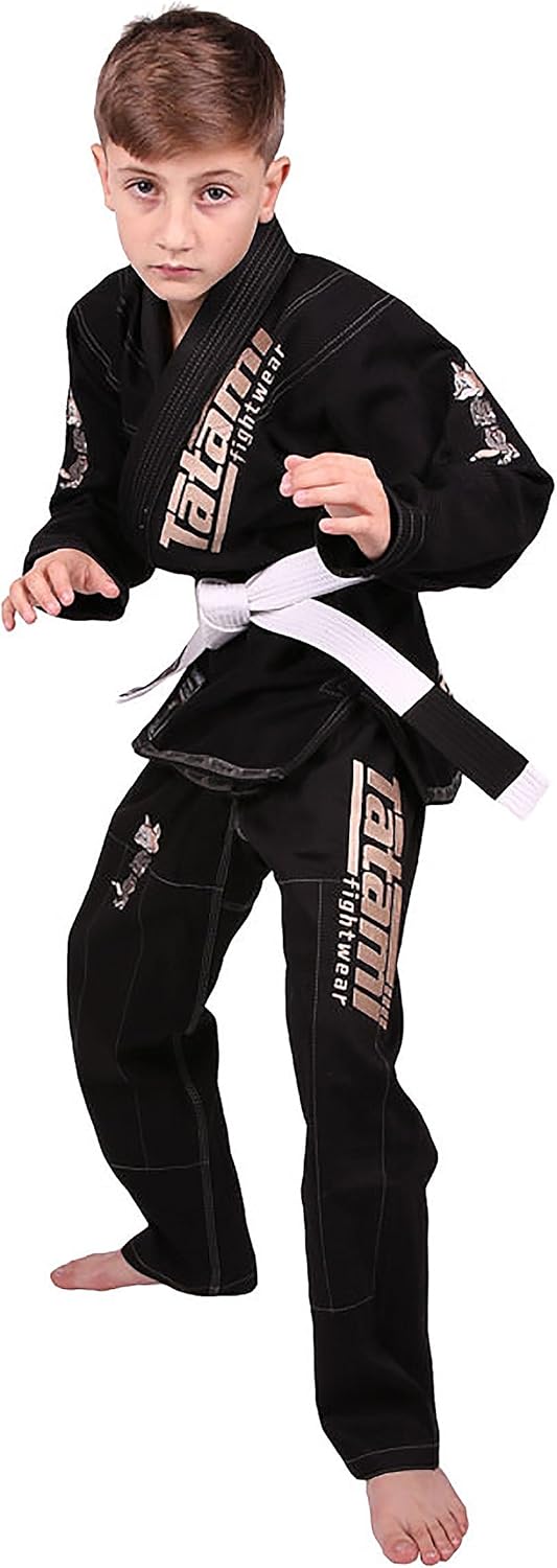 Tatami Fightwear Meerkatsu Kids Animal Jiu Jitsu Gi, 425GSM Jacket, Twill BJJ Pants, and White Belt, Black, M0