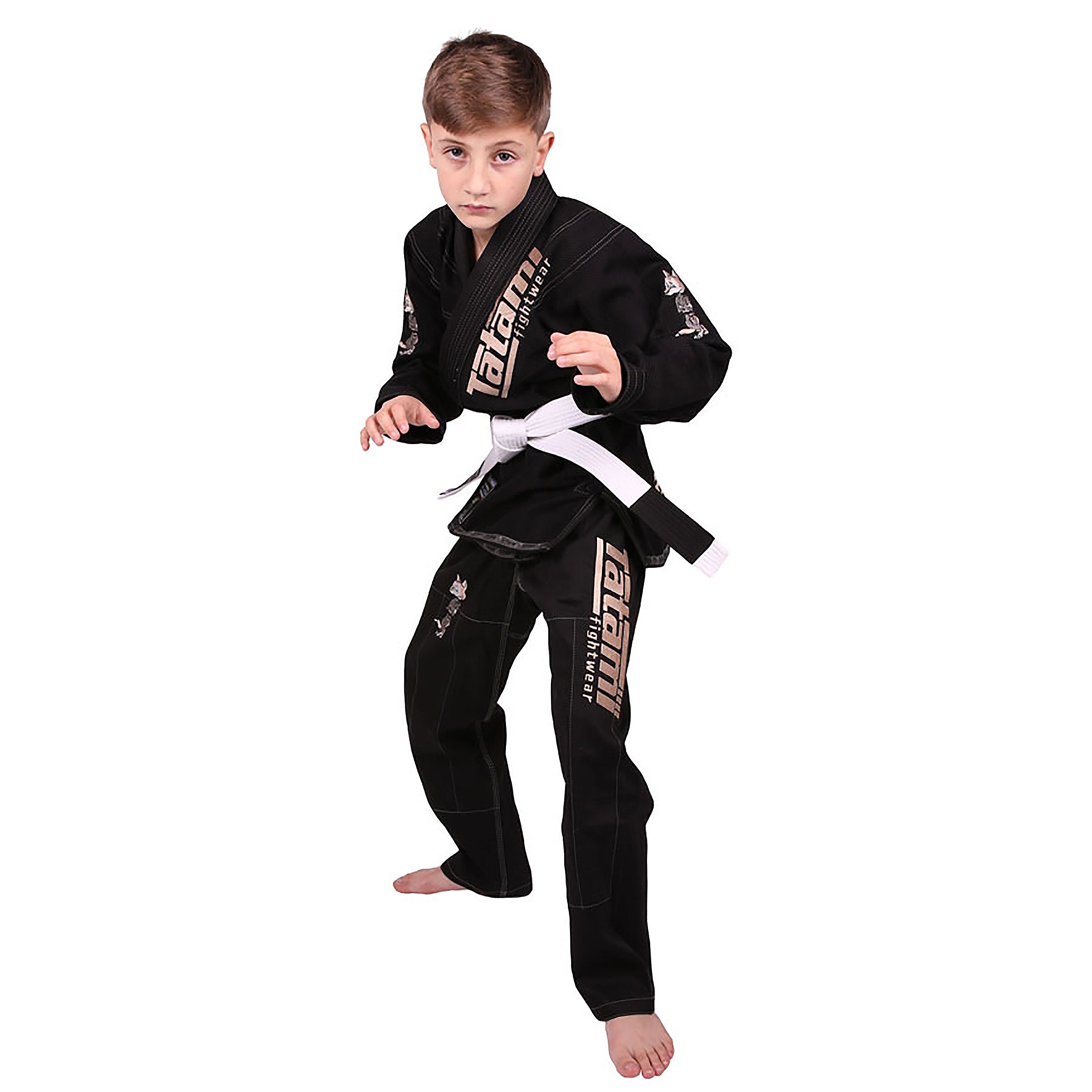 Tatami Fightwear Meerkatsu Kids Animal Jiu Jitsu Gi, 425GSM Jacket, Twill BJJ Pants, and White Belt, Black, M00