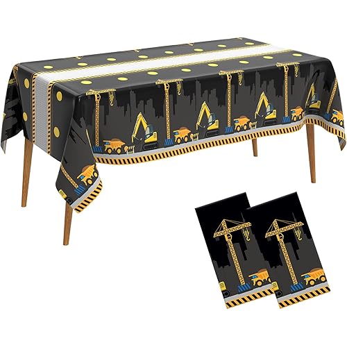 2 PCS Construction Table Cloth Plastic Disposable Construction Birthday Party Supplies Tablecloth Rectangle Dump Truck Table Covers for Kids Boys Construction Birthday Party Decorations, 54 x 108 Inch