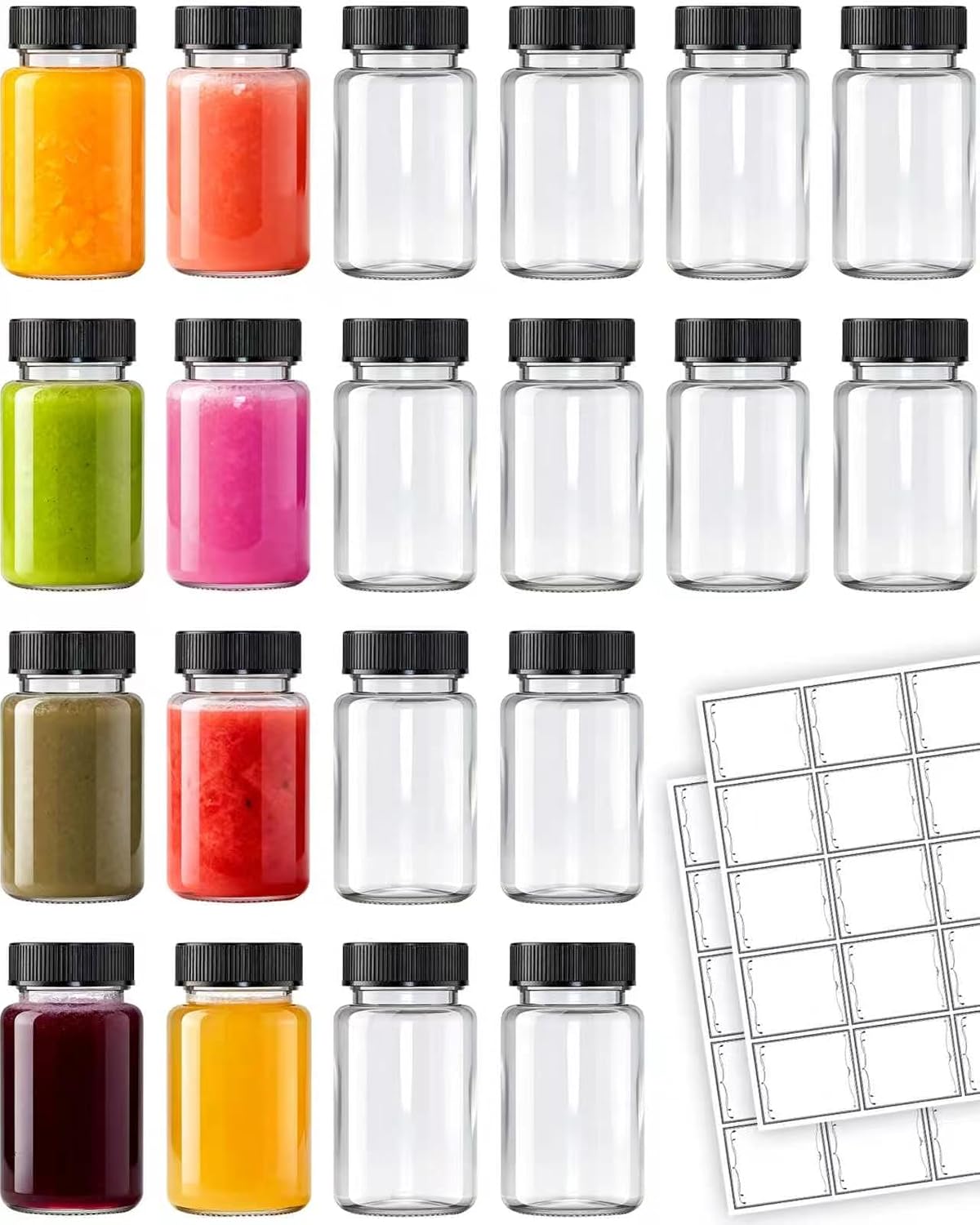 15 Pcs 2 Oz Glass Juice Shot Bottles With Black Caps & 15 Labels, Reusable Small Wellness Ginger Shot Glass Bottles Jar With Lids For Juicing & Ginger Shots, BPA-Free & Leak-Proof & Dishwasher Safe