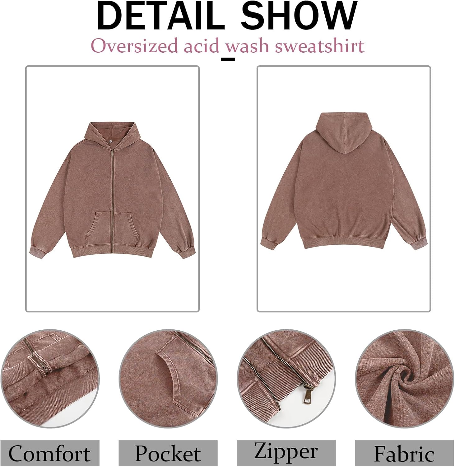 Oversized Vintage Cotton Jacket Acid Wash Grunge Basic Zip Up Hoodie For Women Distressed Baggy Long Sleeve Tops - Image 6