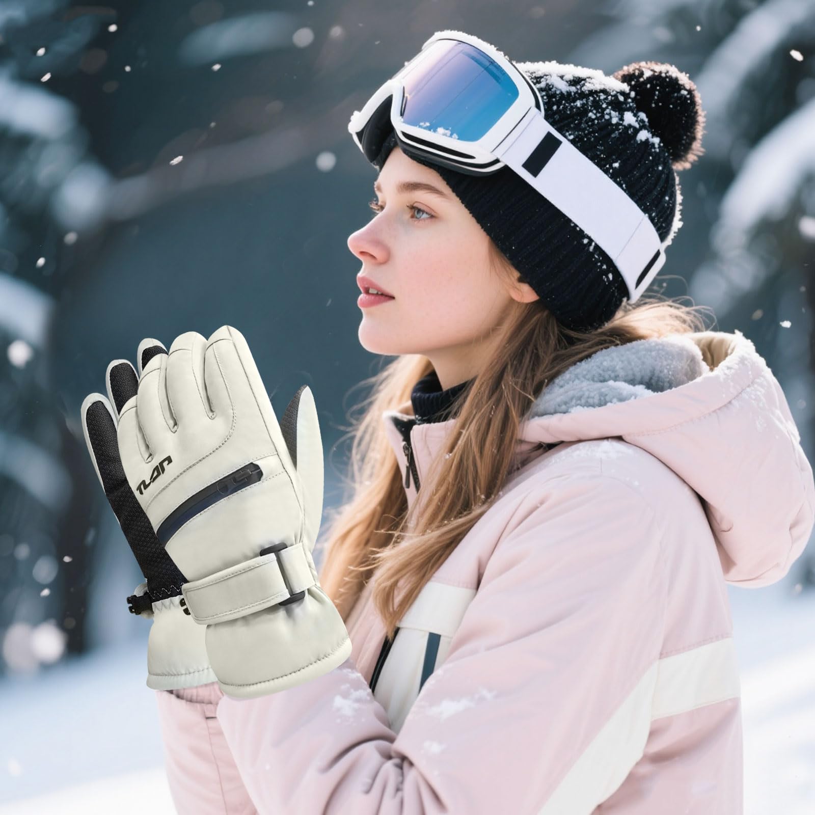 Guantes de esquí impermeables para mujer térmicos a prueba de viento con bolsillo cremallera