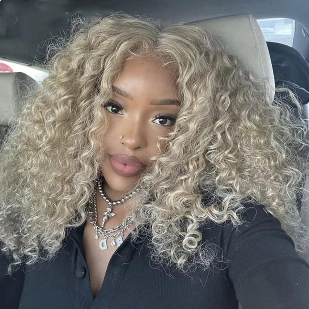 180% Density Glueless Ash Blonde Colored Kinky Curly Human Hair Wig for Women #4/613 Color Highlight Dark Root Kinky Curly 13x4 Transparent HD Lace Frontal Bob Wig PrePlucked with Natural Baby Hair