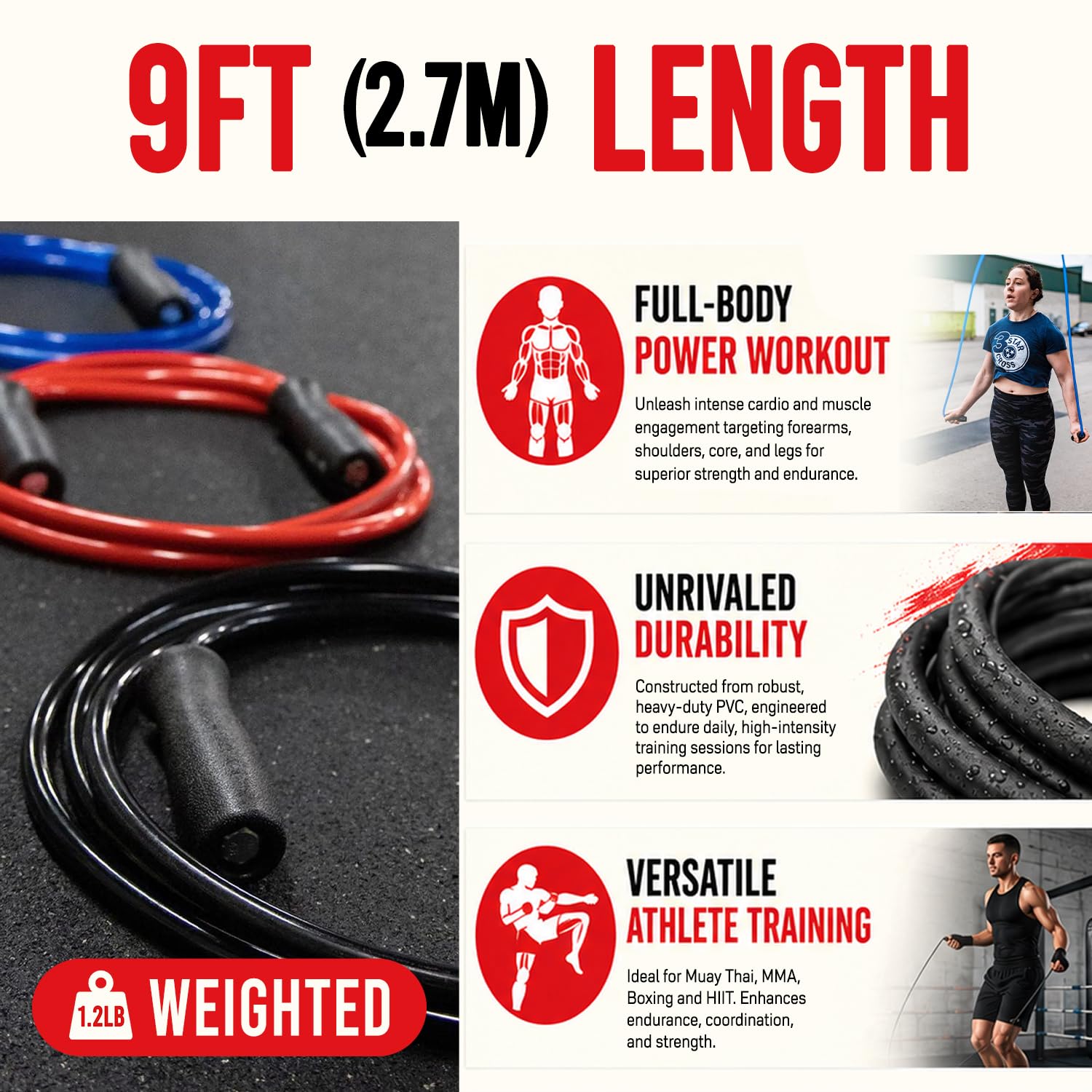 EliteSRS 12Mm di PVC, Muay Thai Power Rope con Doppi Cuscinetti a Sfera 2.0 per Allenamento Pesante (1.5Lb)