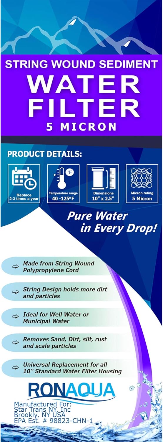 Ronaqua Wound String 5 Micron Sediment Water Filter Cartridges 10 Inc. x 2.5 Inc. A Replacement for Any RO System WELL-MATCHED with PFC4002, RS2-DS, WP5, WFPFC4002, 43235-76350 (25 Pack)