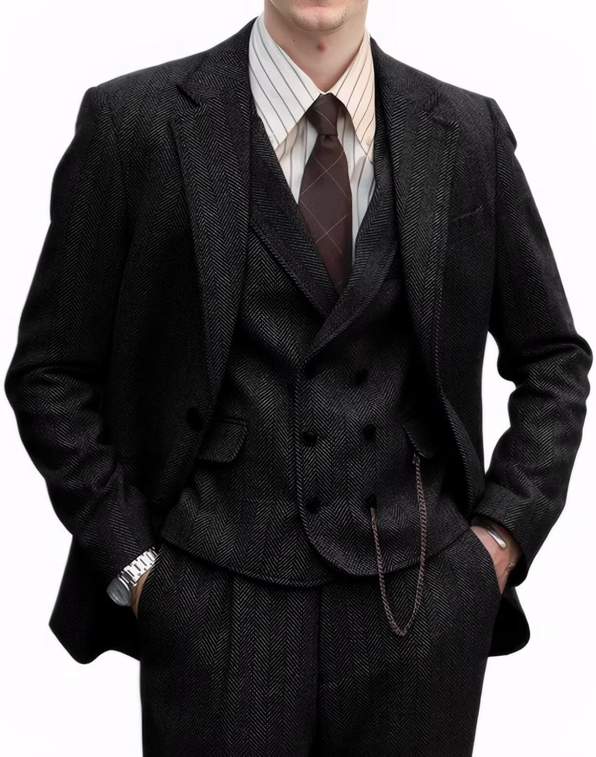 Fesenbo Retro 3 Pieces Men Suit Tweed Herringbone Suits for Men Formal Wool Jacket Dress Suit Vest Pants Wedding Prom Tuxedo