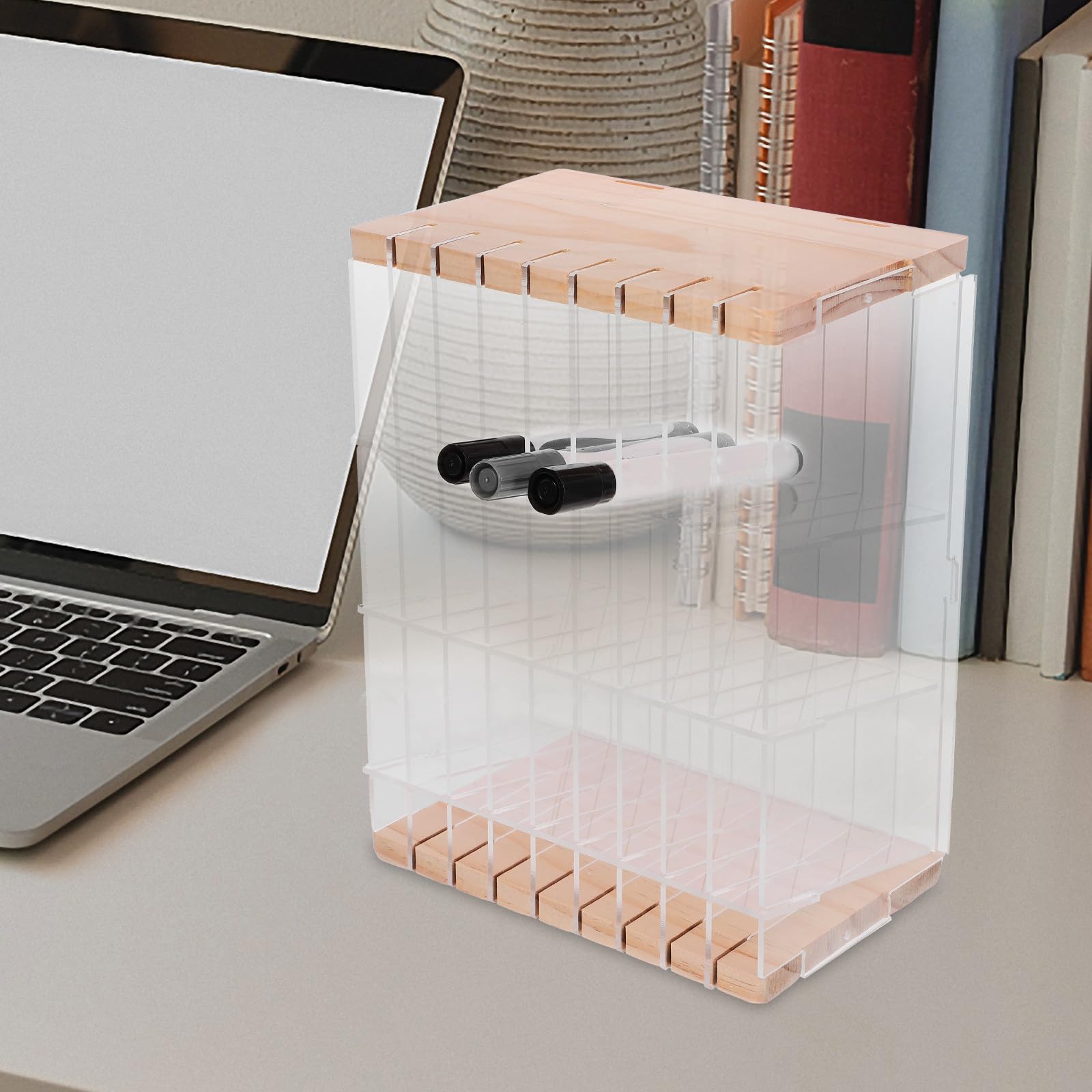 SHINEOFI Multifunktionaler Schreibtisch Organizer 108 Stifte Fächer aus Acryl und Holz mit Sicheren Kanten zur Ordentlichen Aufbewahrung für Schüler und Lehrer