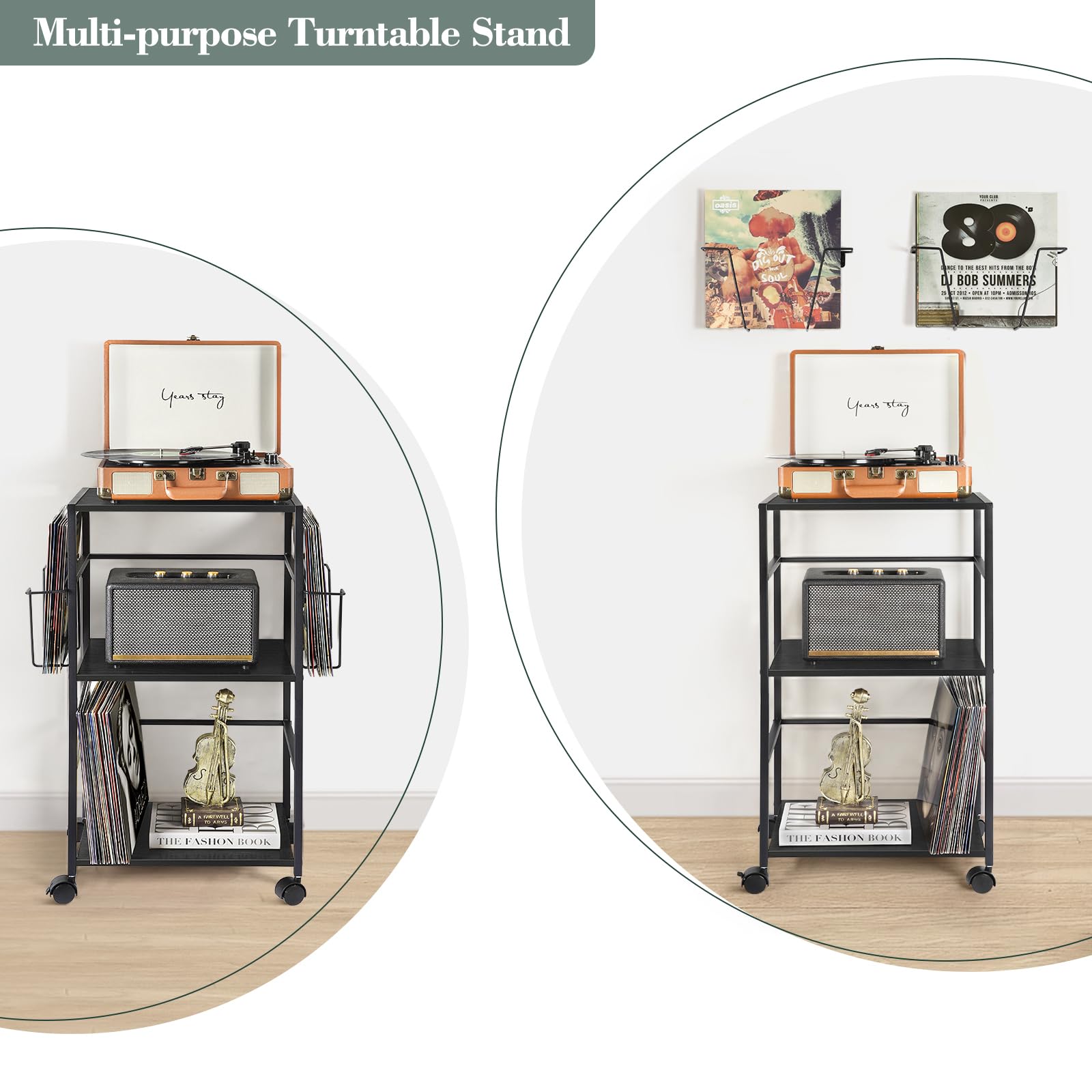 Bikoney Mobile Giradischi con 2 Espositori per Vinili e Tavolino Laterale – Supporto per Giradischi e Contenitore per Fino a 150 Dischi in Vinile per Soggiorno o Camera da Letto – Nero | Tavolino girevole con 2 ripiani espositori, facile accesso ai LP, ru
