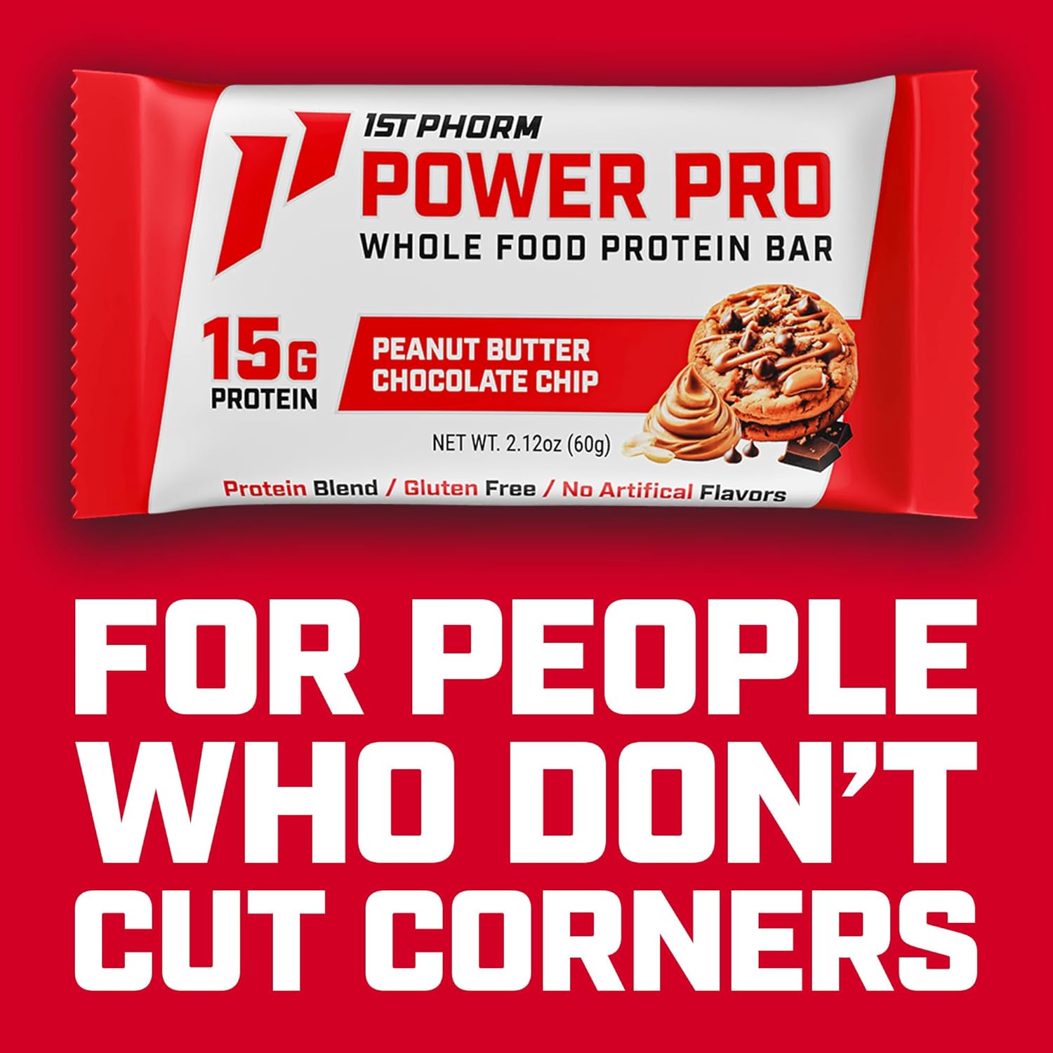 1st Phorm Power Pro Protein Bars, Peanut Butter Chocolate Chip Flavor, 15G Whole Food Protein, Gluten Free, Snack Bars for on the Go or Pantry Snacks, Made Without Artificial Flavors, 15 Count
