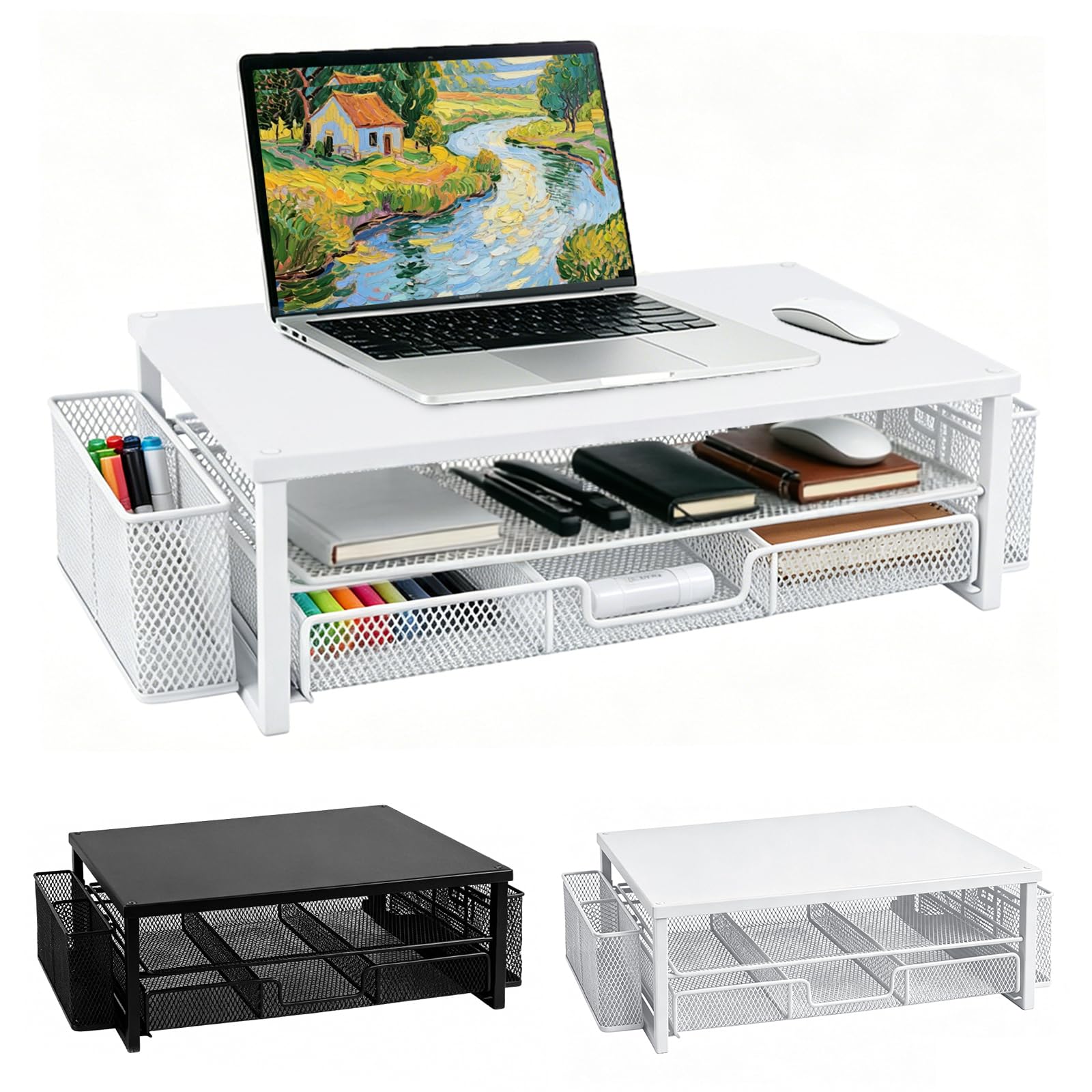 Soporte para monitor y organizador de escritorio con cajón elevador de 2 niveles