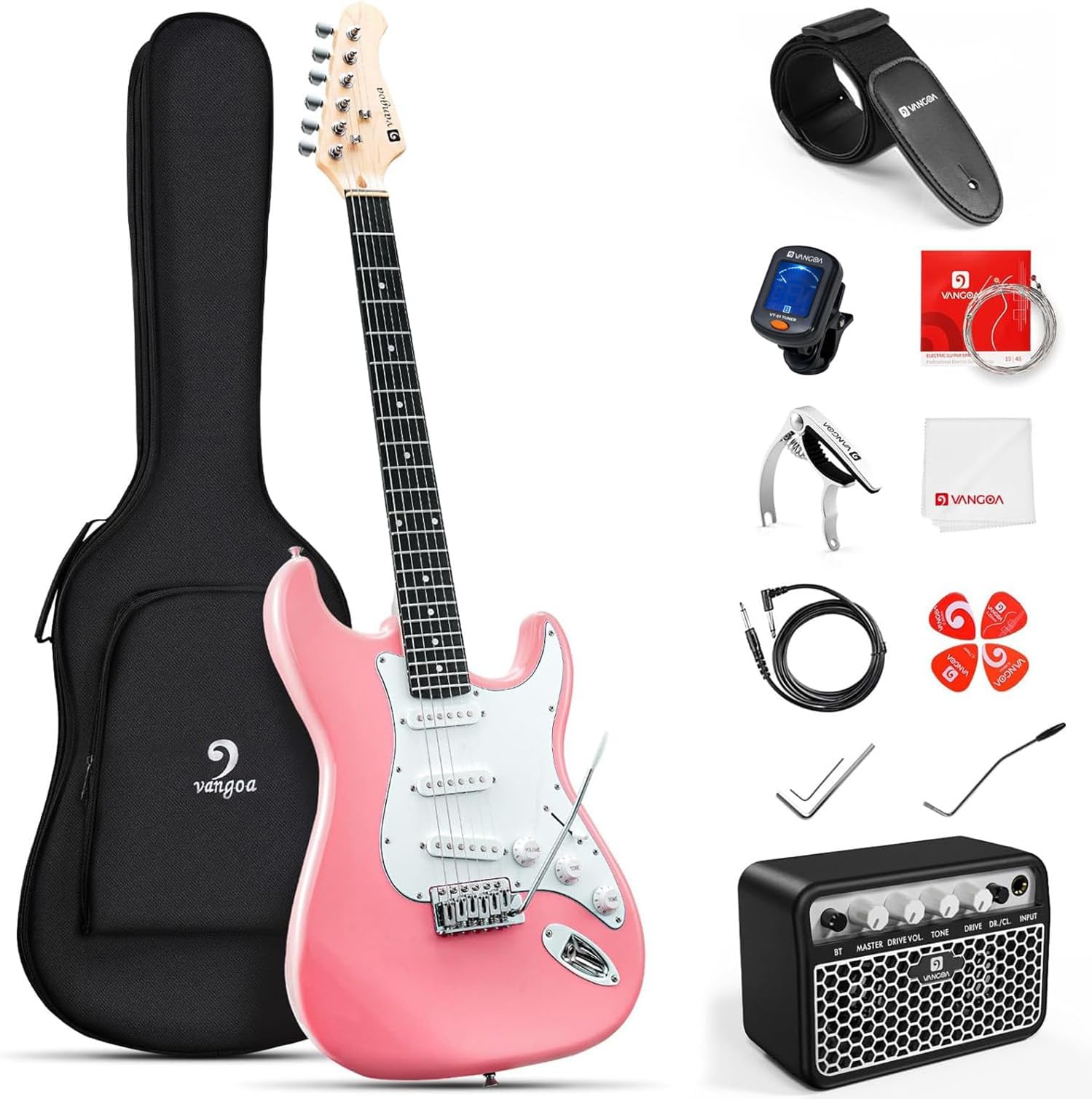 Vangoa 39 Inch Full Size Electric Guitar Beginner Kit Solid Body Pink SSS Pickups with Amp, Bag, Tremolo Bar, Strings, Tuner, Picks, Strap, Capo, Cable for Starter Girls Adults Teens